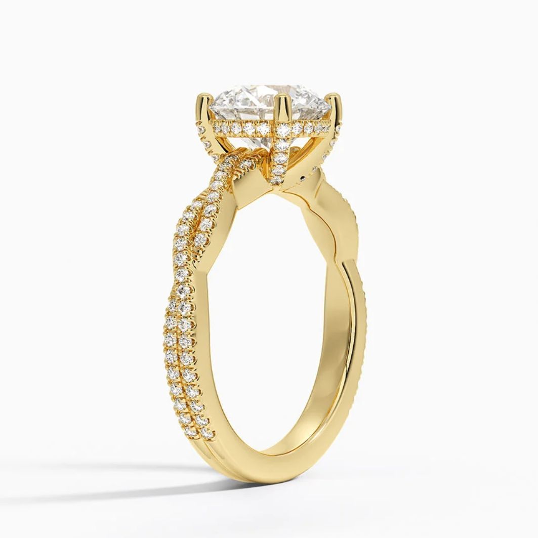 Twisted Pave Hidden Halo Accents Round Lab Diamond Engagement Ring in 18K Gold