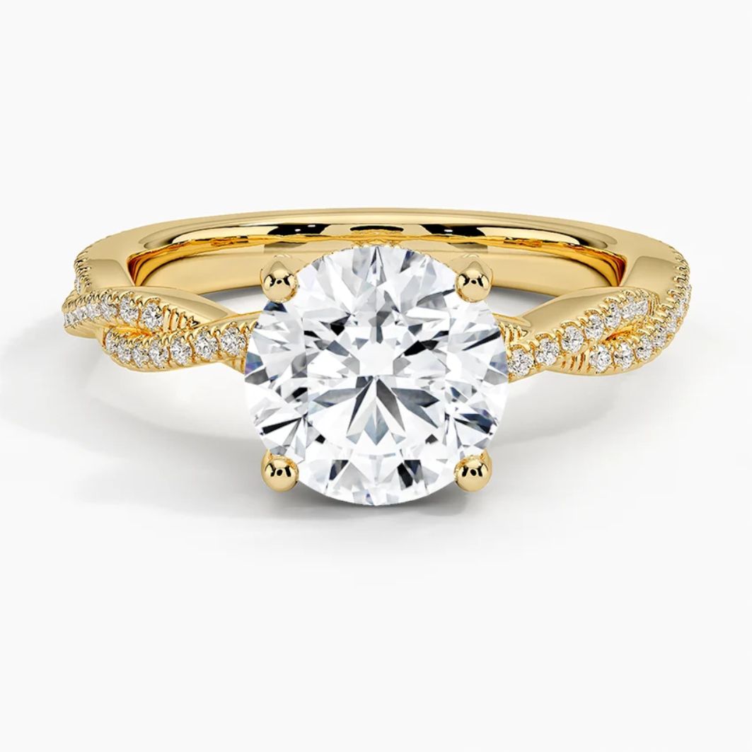 Twisted Pave Hidden Halo Accents Round Lab Diamond Engagement Ring in 18K Gold