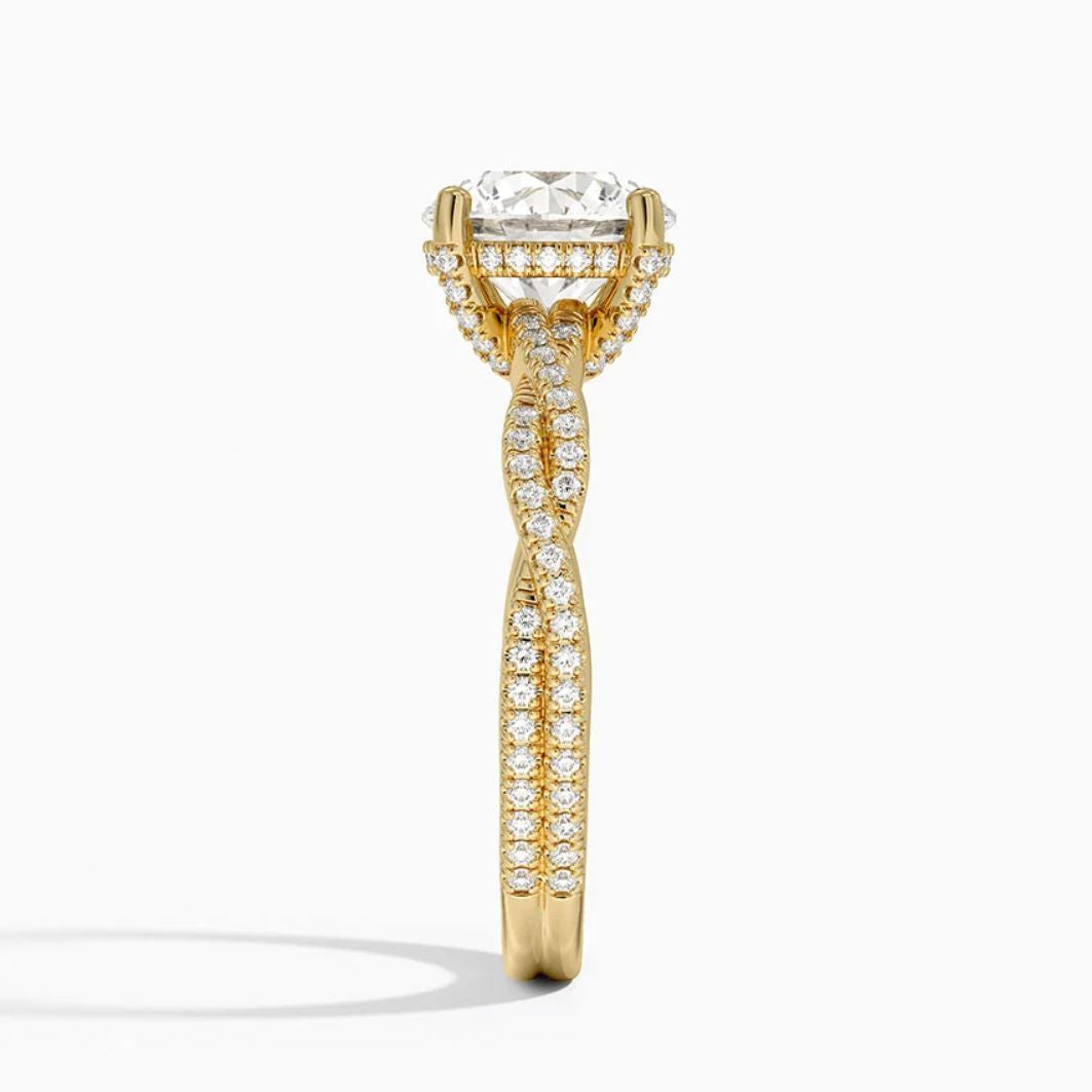 Twisted Pave Hidden Halo Accents Round Lab Diamond Engagement Ring in 18K Gold
