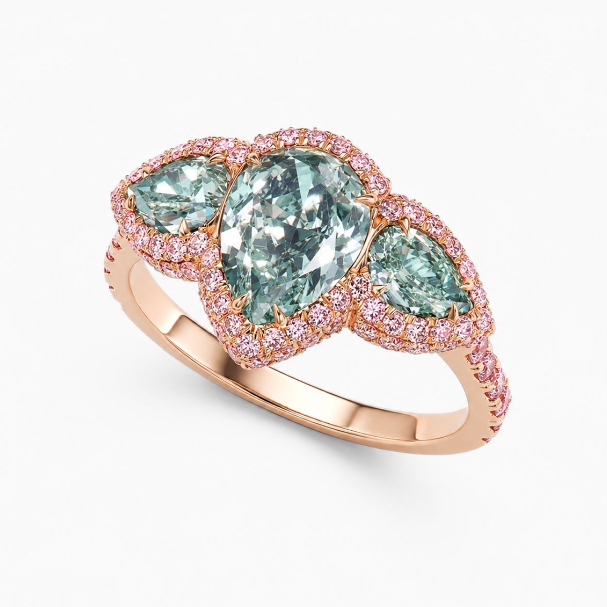 Aphrodite Trilogy Halo Pave Accents (Pink Side Diamonds) Fancy Green Pear Lab Diamond Ring in Rose Gold 18K