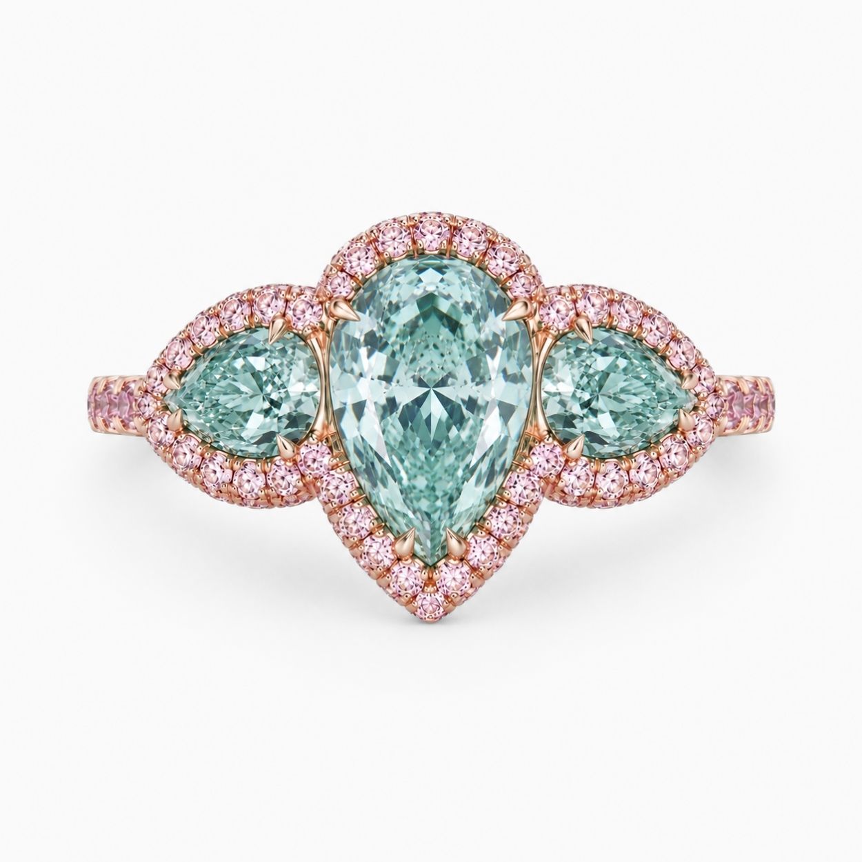 Aphrodite Trilogy Halo Pave Accents (Pink Side Diamonds) Fancy Green Pear Lab Diamond Ring in Rose Gold 18K