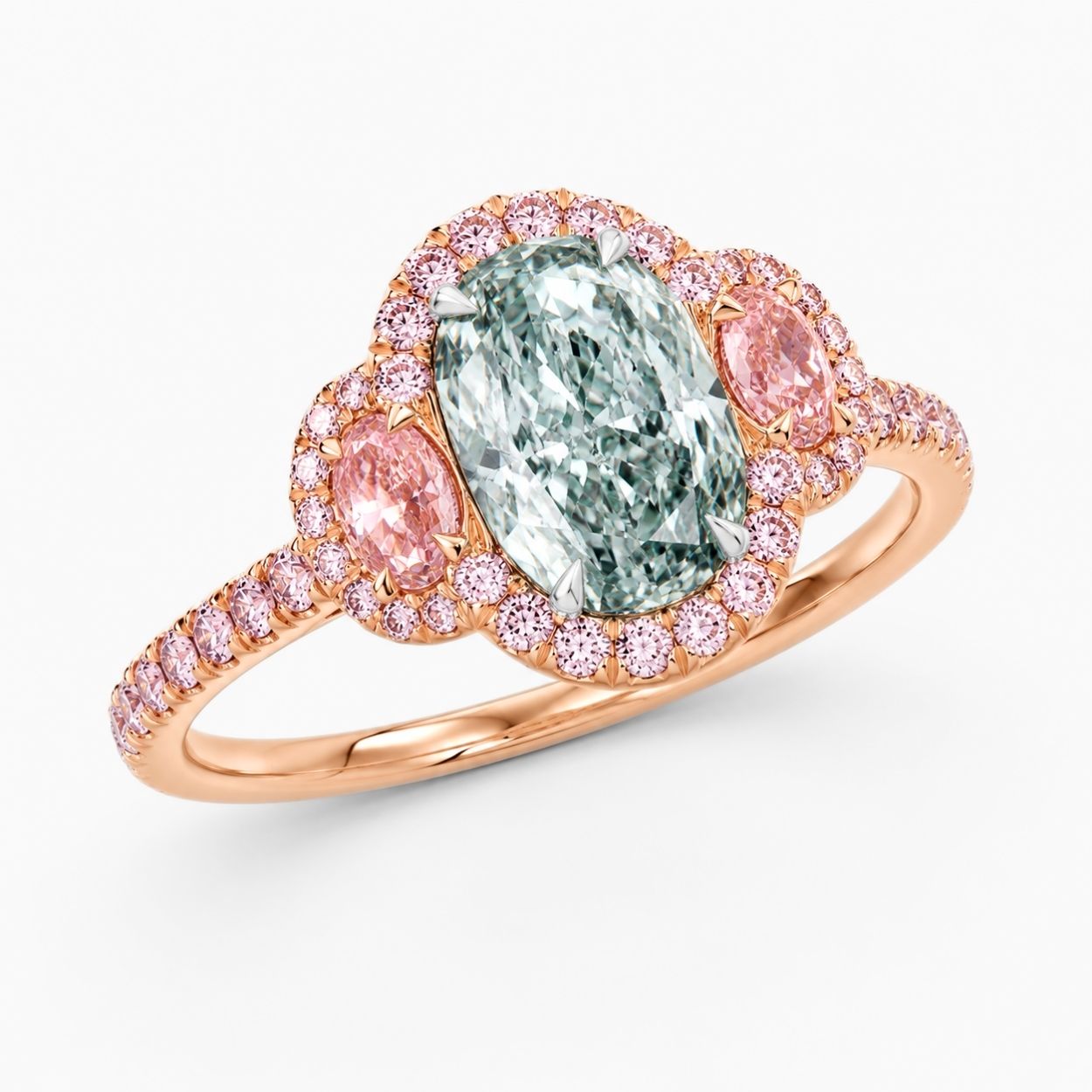 Athena Trilogy Halo Pave Accents (Pink Oval Side Diamonds) Fancy Green Oval Lab Diamond Ring in Rose Gold 18K