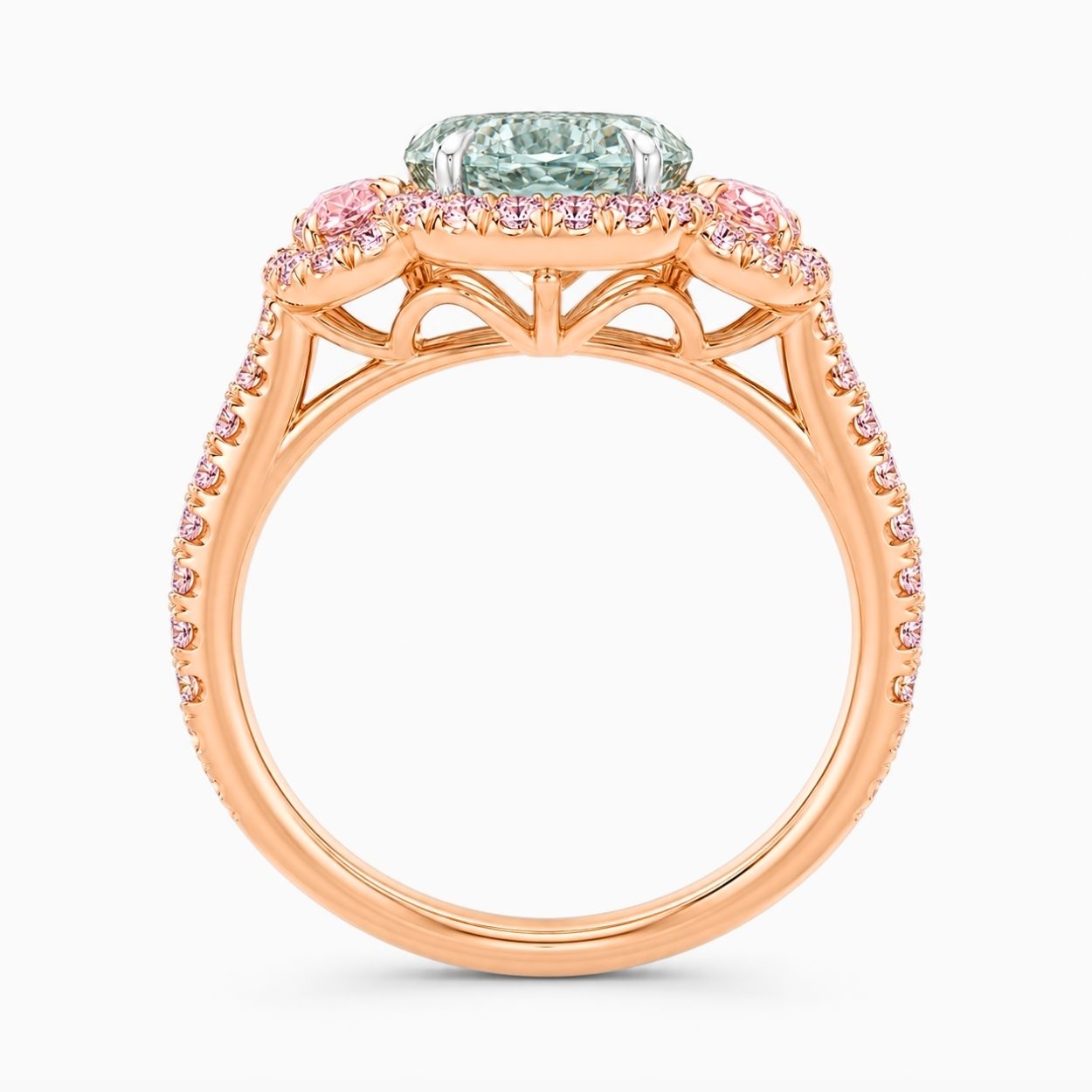 Athena Trilogy Halo Pave Accents (Pink Oval Side Diamonds) Fancy Green Oval Lab Diamond Ring in Rose Gold 18K