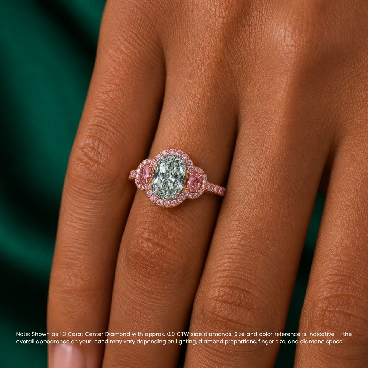 Athena Trilogy Halo Pave Accents (Pink Oval Side Diamonds) Fancy Green Oval Lab Diamond Ring in Rose Gold 18K