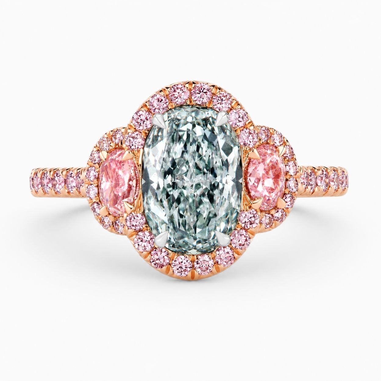 Athena Trilogy Halo Pave Accents (Pink Oval Side Diamonds) Fancy Green Oval Lab Diamond Ring in Rose Gold 18K