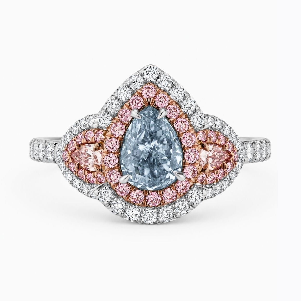 Michaela Halo Pave Accents (White and Pink Side Diamonds) Fancy Blue Pear Lab Diamond Ring in White Gold 18K