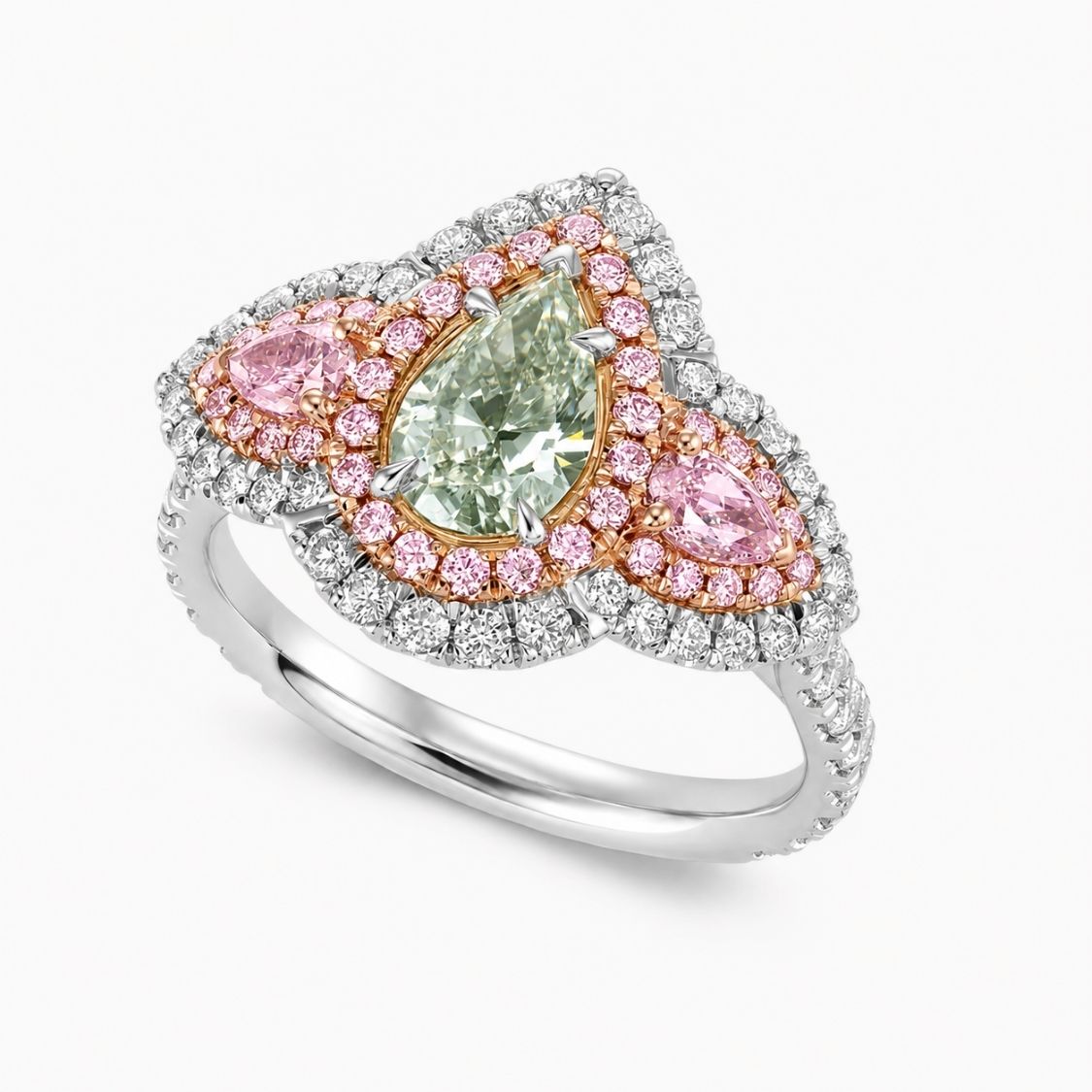 Michaela Halo Pave Accents (White and Pink Side Diamonds) Fancy Green Pear Lab Diamond Ring in White Gold 18K