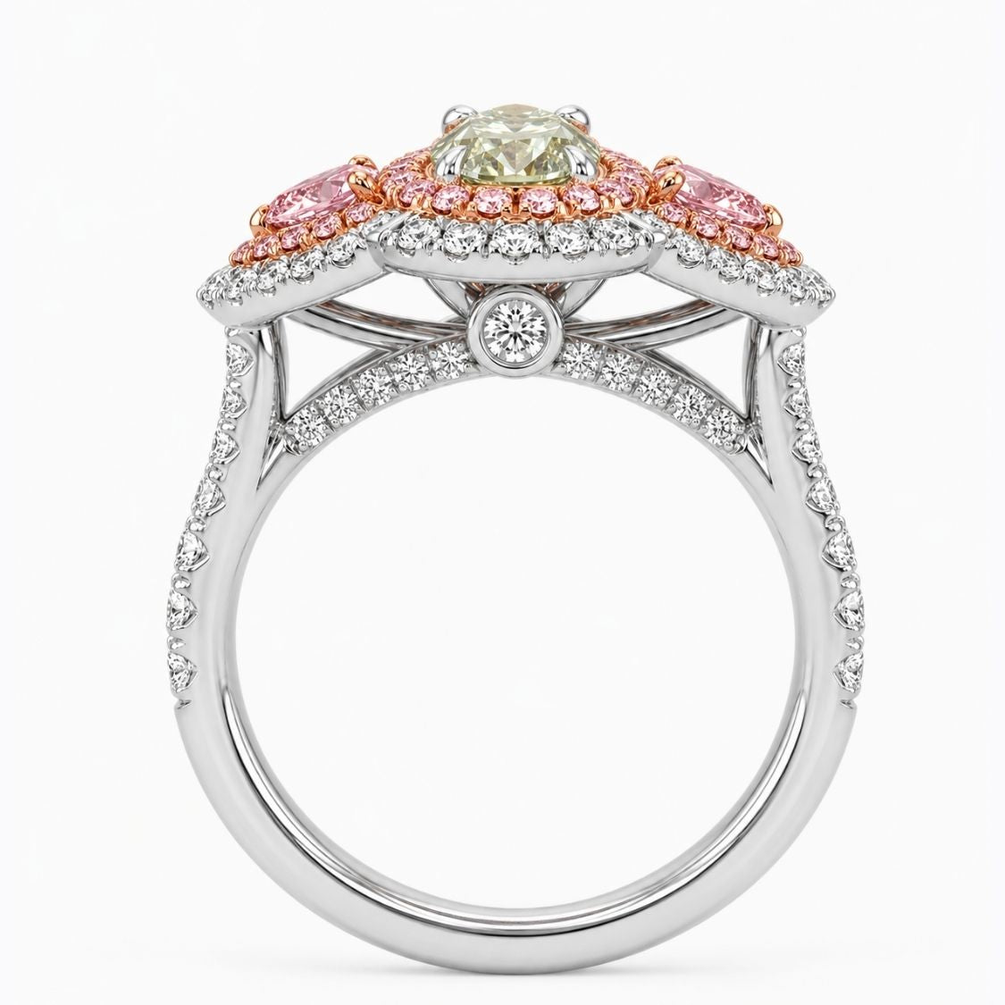 Michaela Halo Pave Accents (White and Pink Side Diamonds) Fancy Green Pear Lab Diamond Ring in White Gold 18K