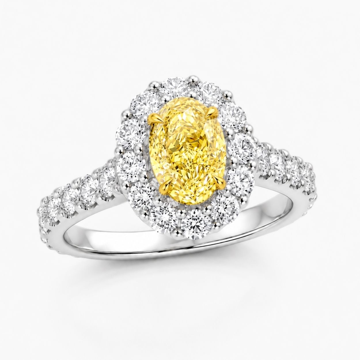 Halo Pave Fancy Yellow Oval Lab Grown Diamond Ring in White Gold 18K