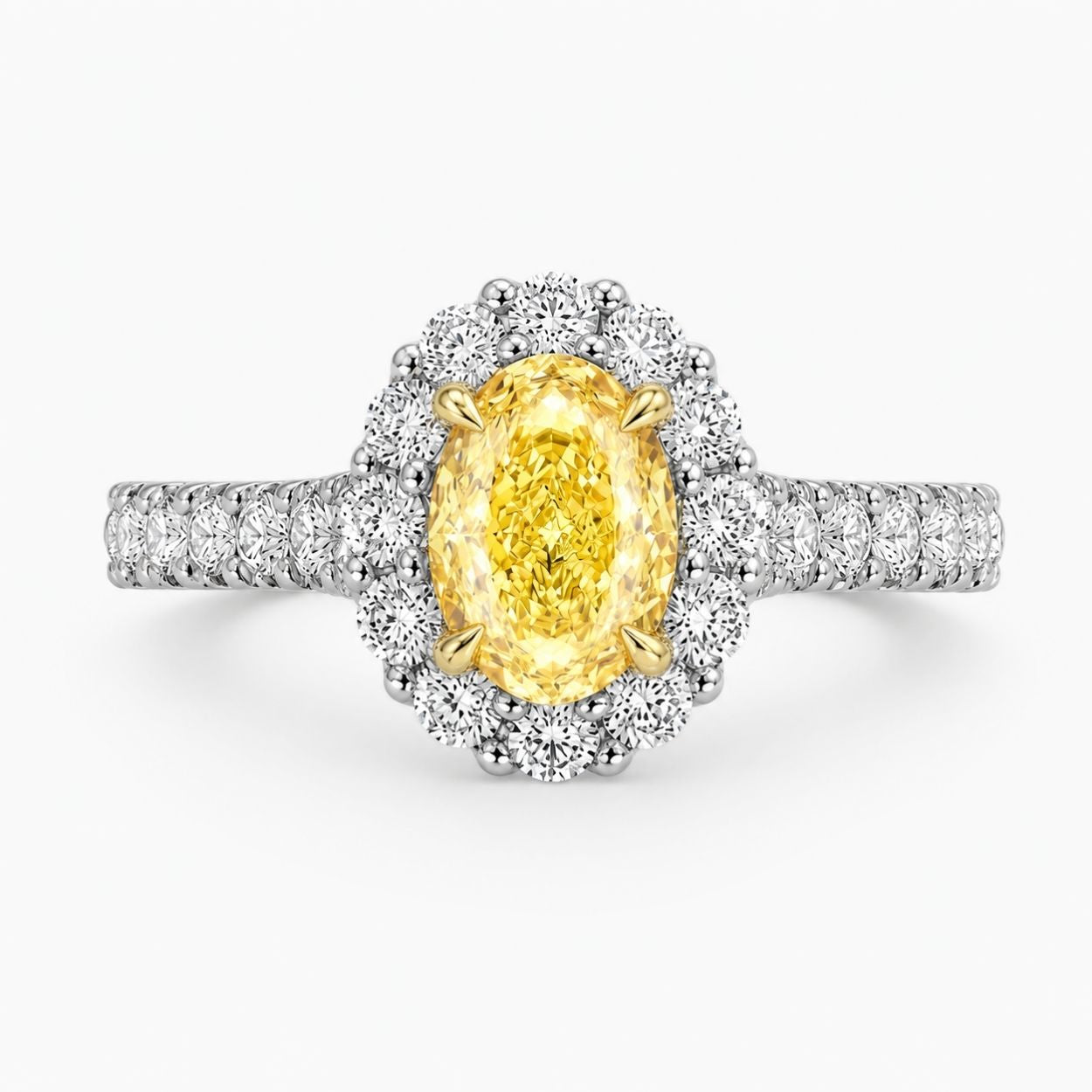 Halo Pave Fancy Yellow Oval Lab Grown Diamond Ring in White Gold 18K