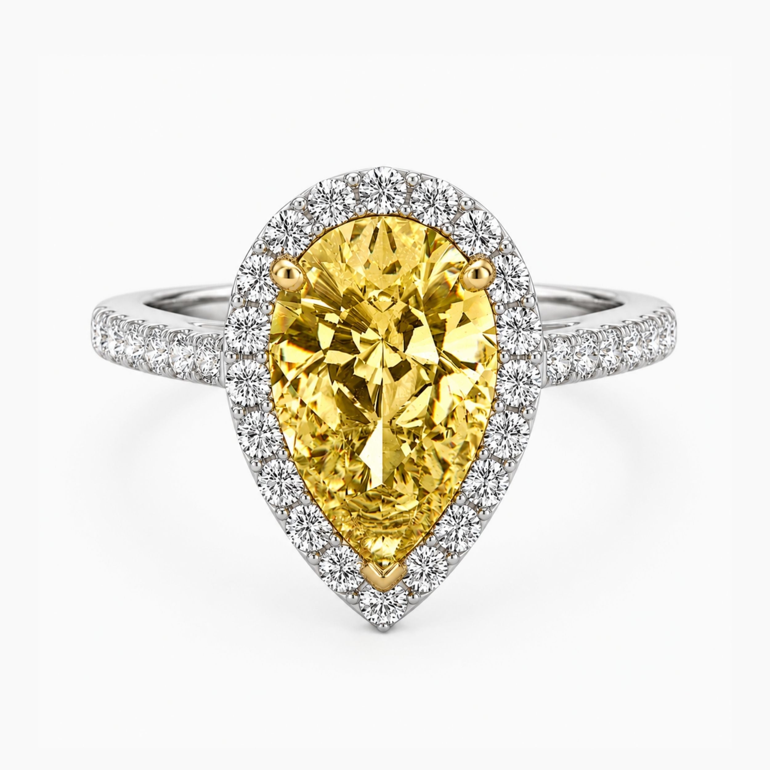 Halo Pave Fancy Yellow Pear Lab Grown Diamond Ring in White Gold 18K