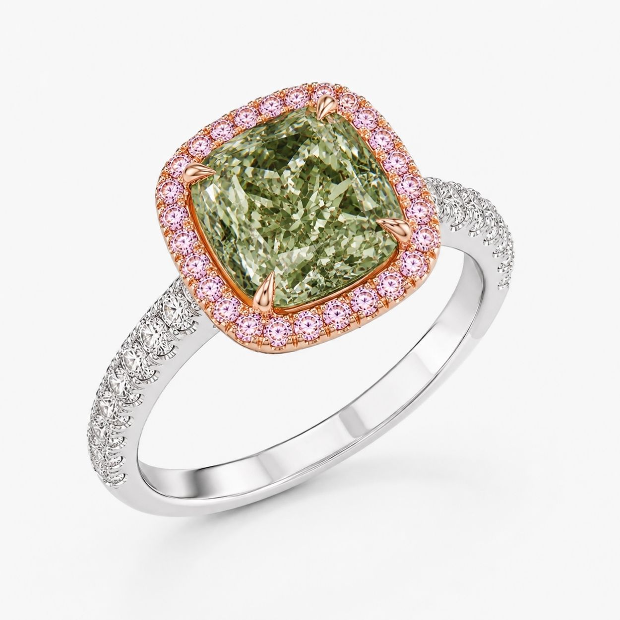 Halo Pave Fancy Green Cushion Lab Grown Diamond Ring in White Gold 18K