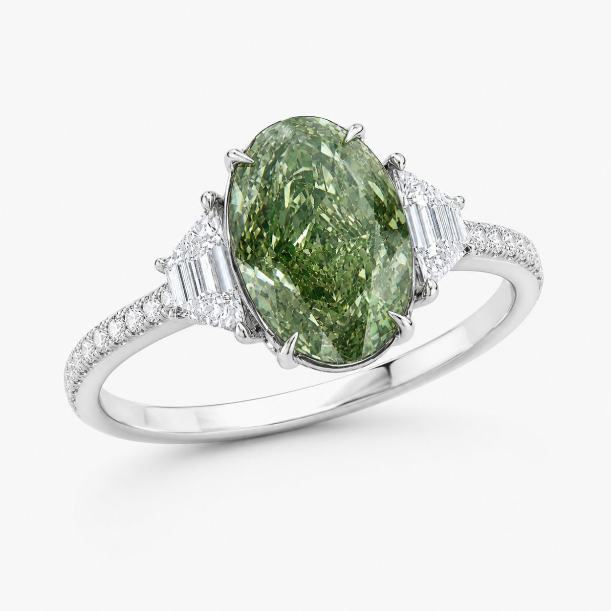 Ingrid Trilogy (Trapezoid Side Diamonds) Fancy Green Oval Lab Grown Diamond Engagement Ring in White Gold 18K