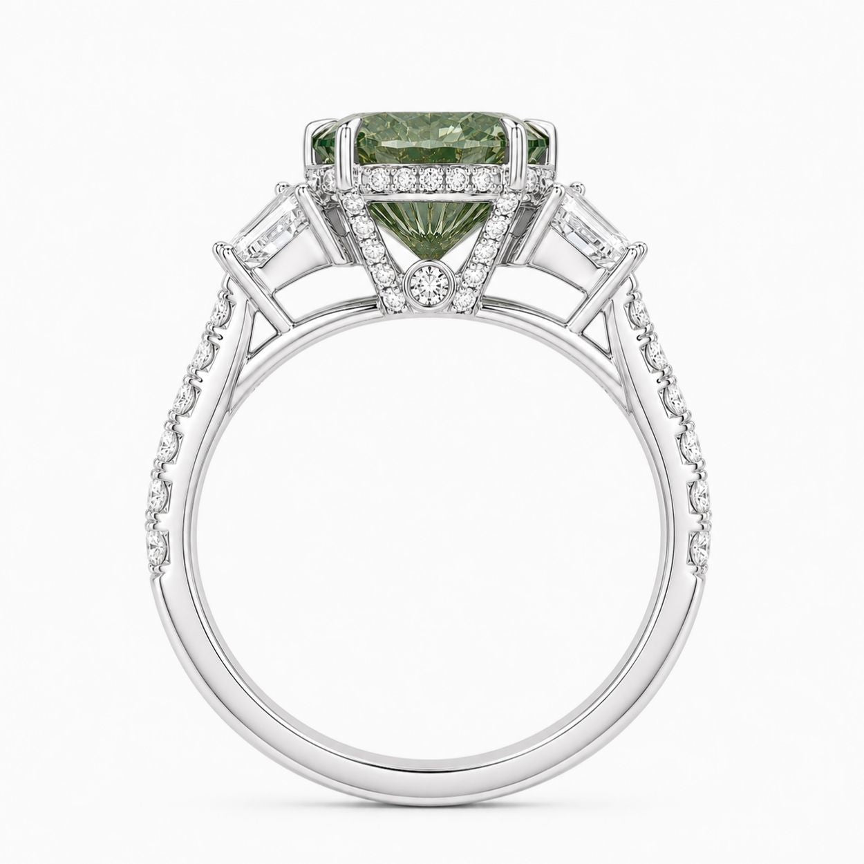Ingrid Trilogy (Trapezoid Side Diamonds) Fancy Green Oval Lab Grown Diamond Engagement Ring in White Gold 18K