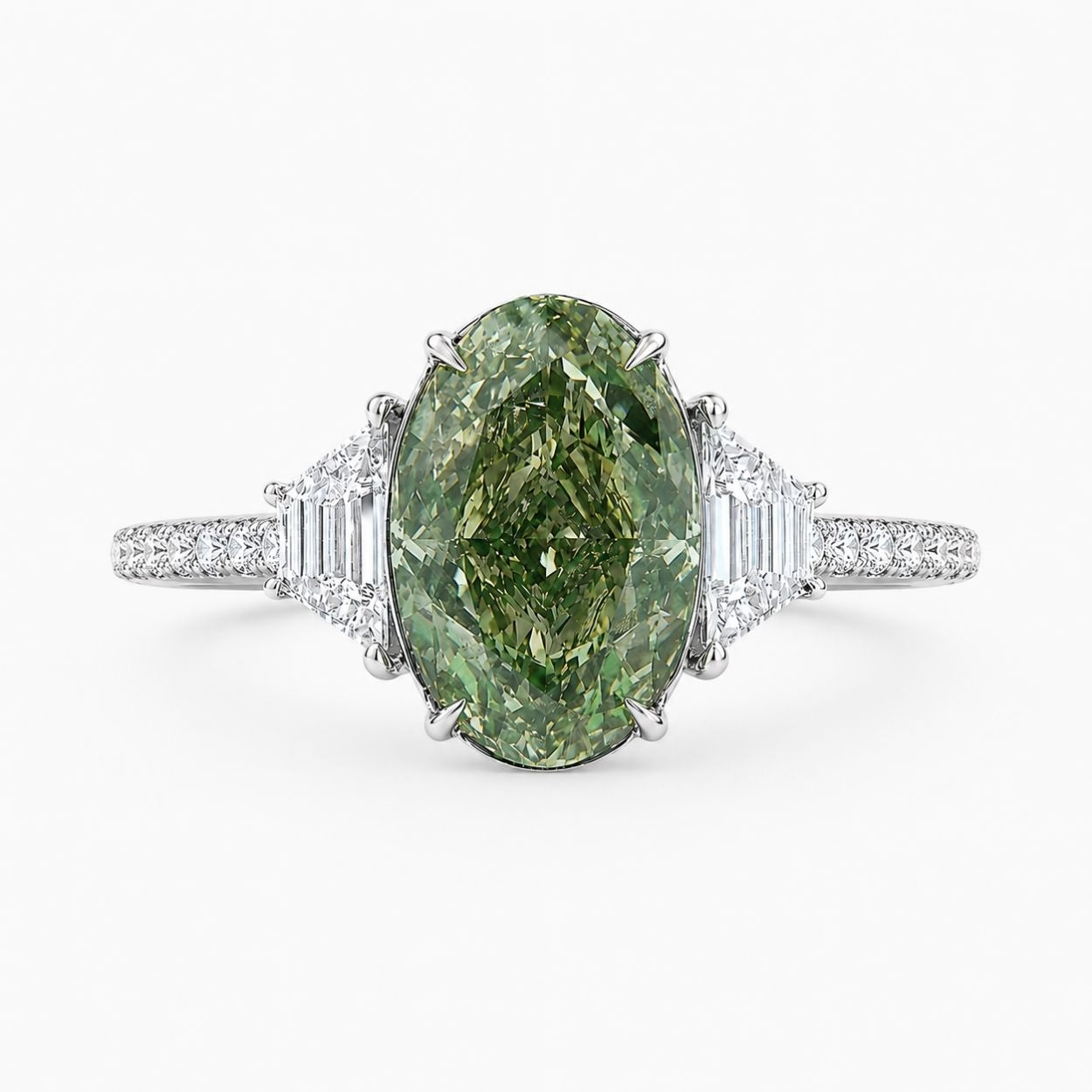 Ingrid Trilogy (Trapezoid Side Diamonds) Fancy Green Oval Lab Grown Diamond Engagement Ring in White Gold 18K