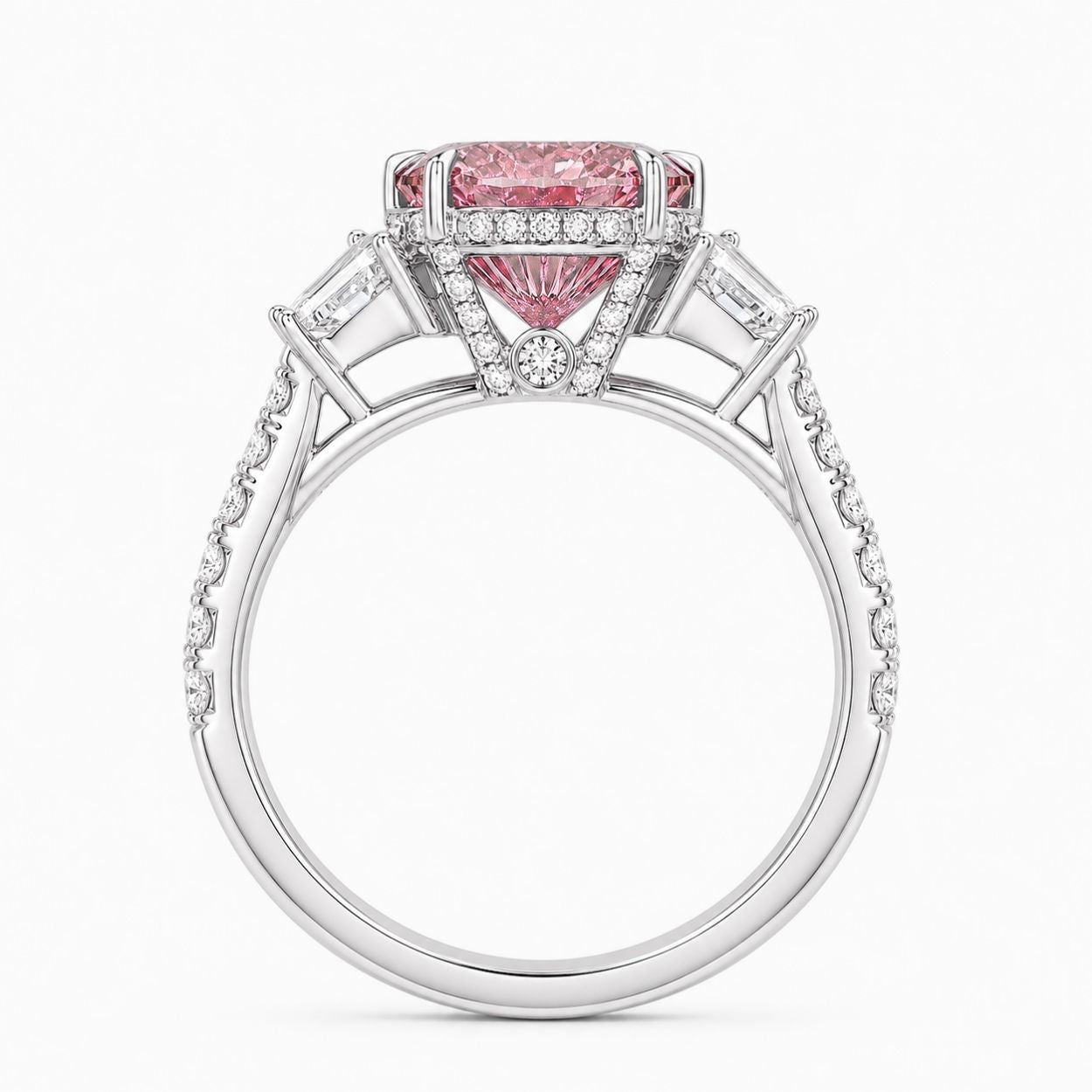 Ingrid Trilogy (Trapezoid Side Diamonds) Fancy Pink Oval Lab Grown Diamond Engagement Ring in White Gold 18K