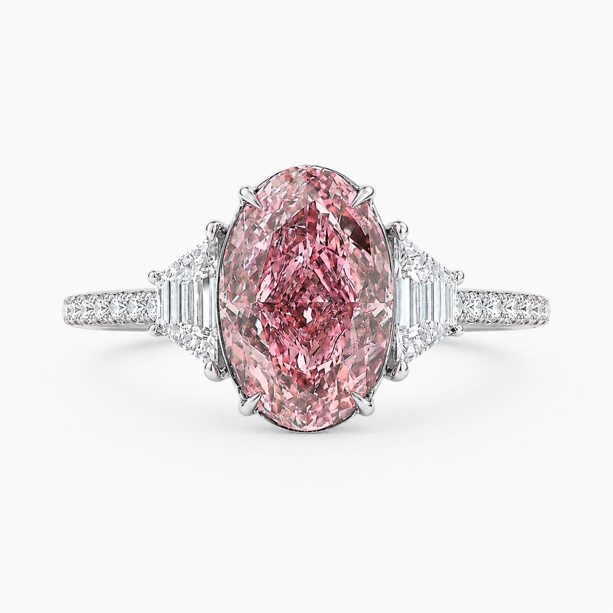 Ingrid Trilogy (Trapezoid Side Diamonds) Fancy Pink Oval Lab Grown Diamond Engagement Ring in White Gold 18K
