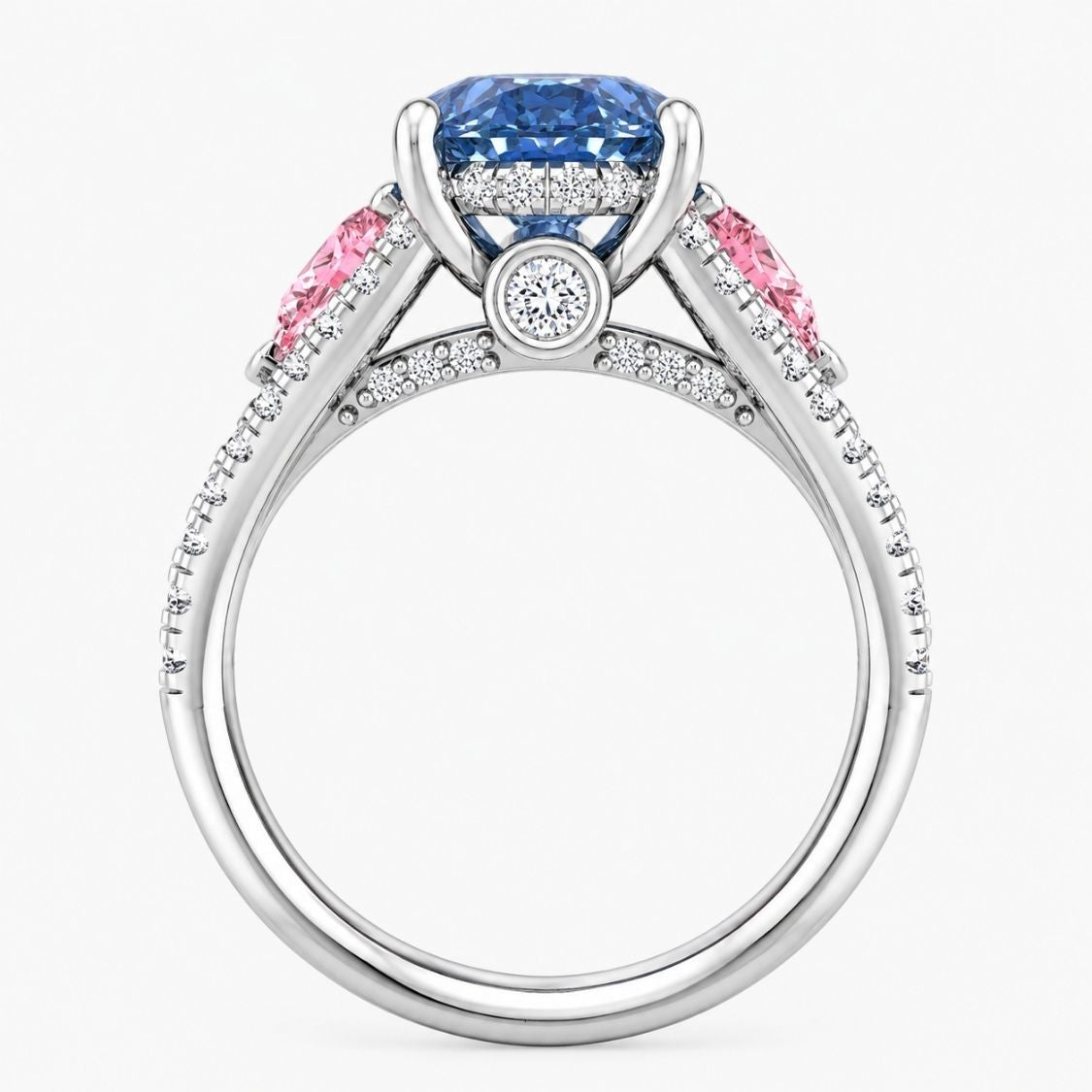 Anastasia Accents (Pink Side Diamonds) Fancy Blue Oval Lab Grown Diamond Engagement Ring in White Gold 18K