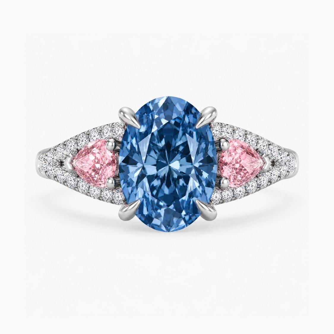 Anastasia Accents (Pink Side Diamonds) Fancy Blue Oval Lab Grown Diamond Engagement Ring in White Gold 18K