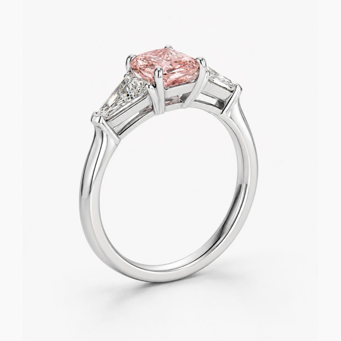 Trilogy (Baguette Side Diamonds) Fancy Pink Cushion Lab Grown Diamond Engagement Ring in White Gold 18K