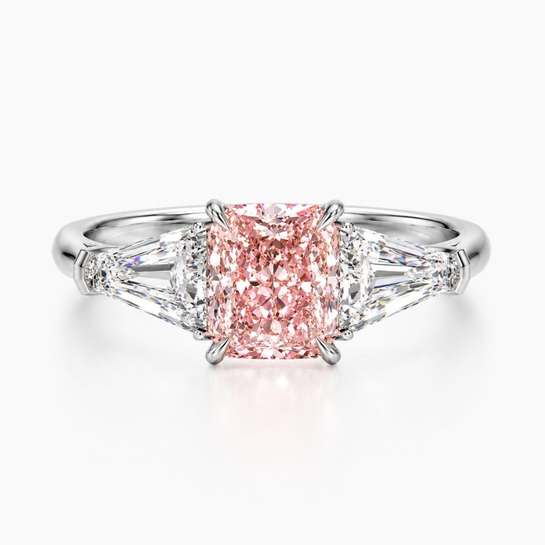 Trilogy (Baguette Side Diamonds) Fancy Pink Cushion Lab Grown Diamond Engagement Ring in White Gold 18K