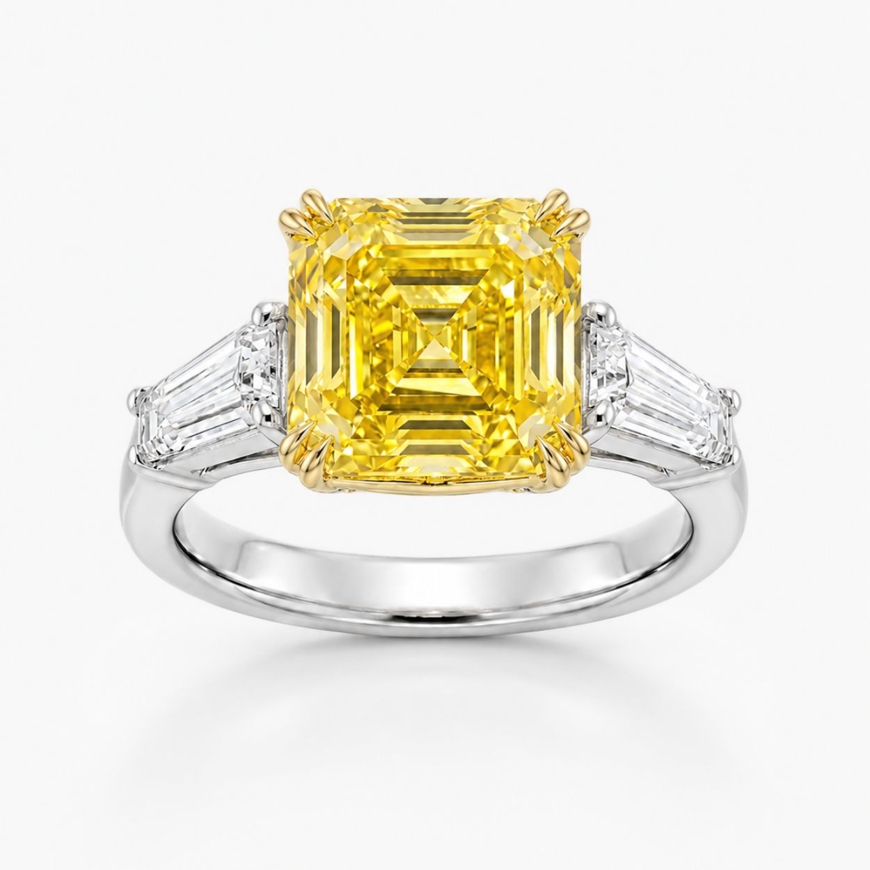 Trilogy (Baguette Side Diamonds) Fancy Yellow Asscher Lab Grown Diamond Ring in White Gold 18K