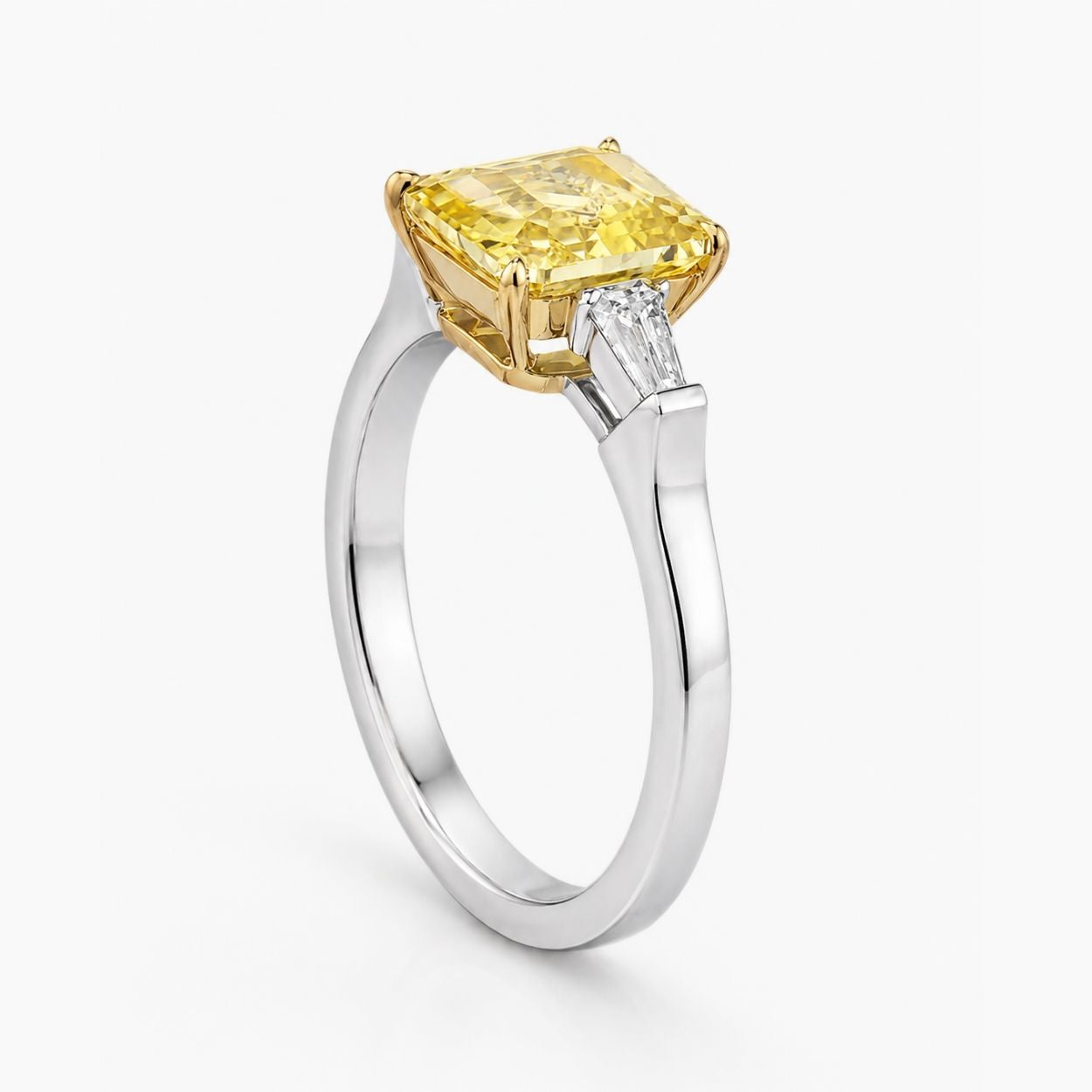 Trilogy (Baguette Side Diamonds) Fancy Yellow Asscher Lab Grown Diamond Ring in White Gold 18K