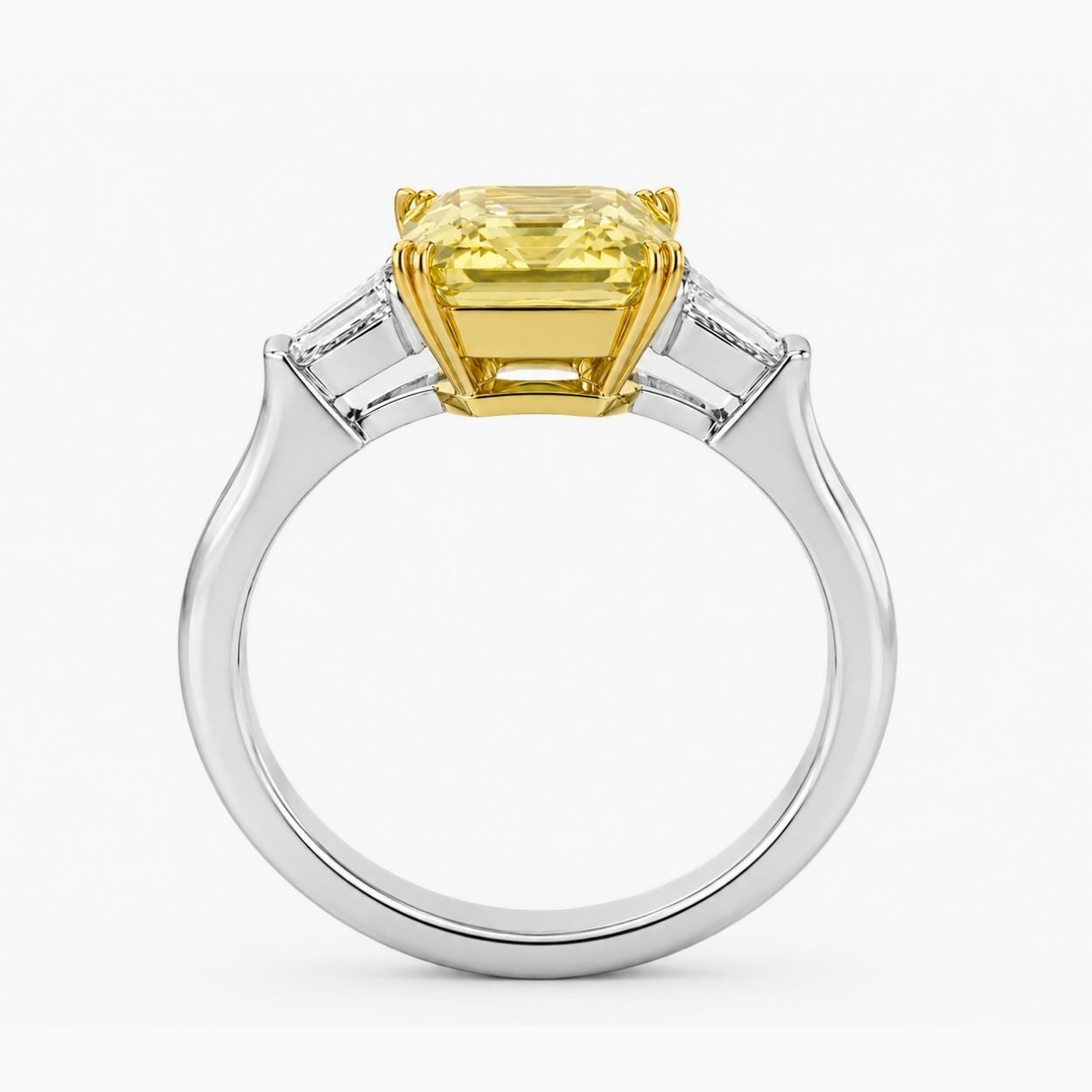 Trilogy (Baguette Side Diamonds) Fancy Yellow Asscher Lab Grown Diamond Ring in White Gold 18K