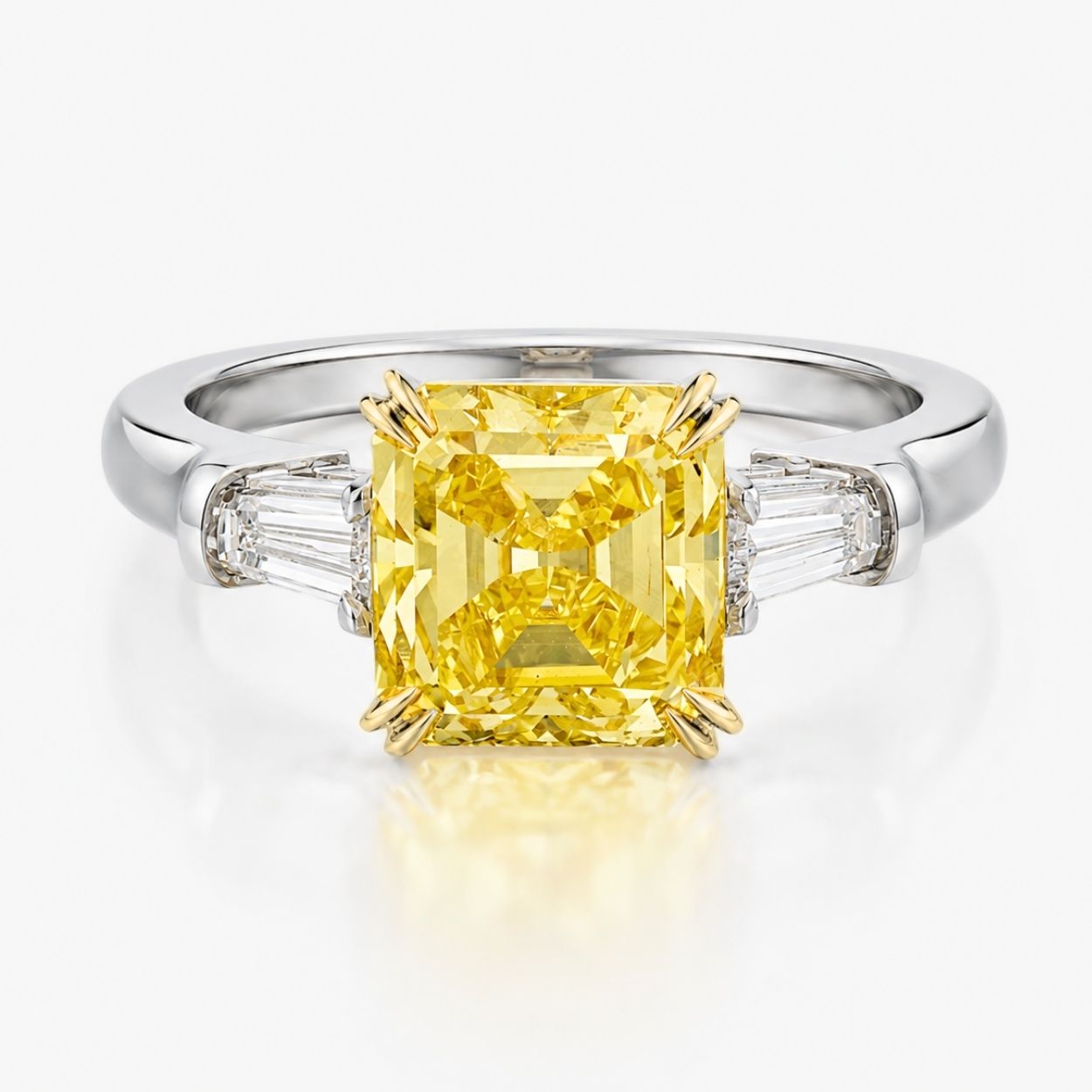 Trilogy (Baguette Side Diamonds) Fancy Yellow Asscher Lab Grown Diamond Ring in White Gold 18K