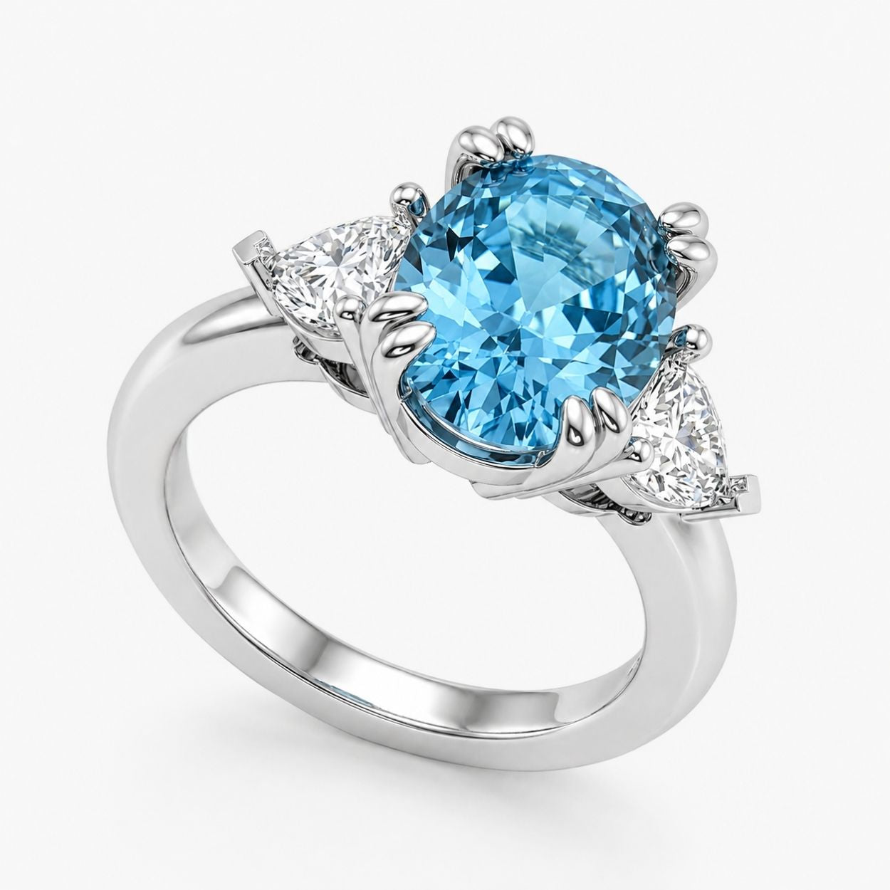 Trilogy Fancy Colored (Yellow, Pink, Green, Blue ) Lab Diamond Ring (Heart Side Diamonds) in White Gold 18K - Oval