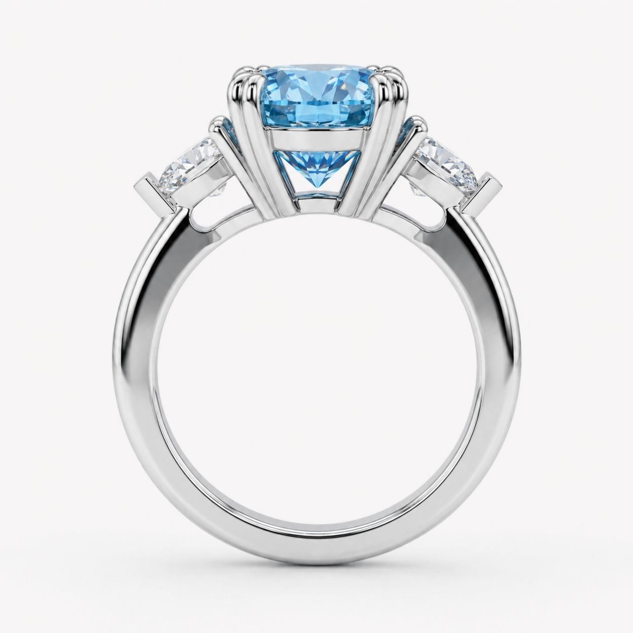 Trilogy Fancy Colored (Blue, Green, Pink, Yellow) Lab Diamond Ring (Heart Side Diamonds) in White Gold 18K - Oval