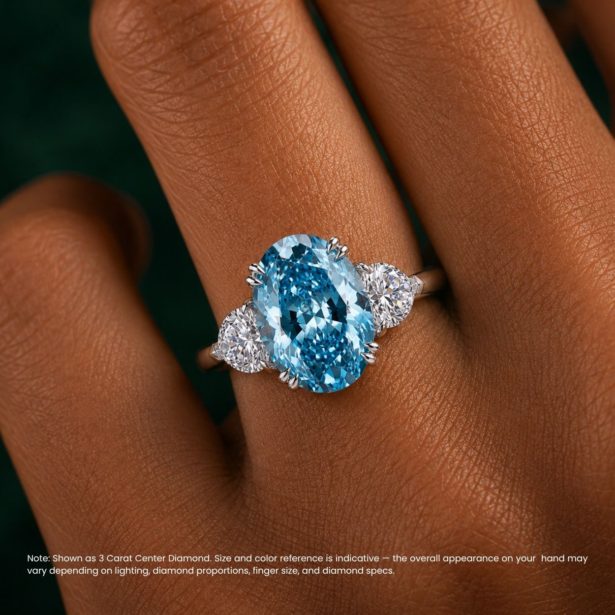 Trilogy Fancy Colored (Blue, Green, Pink, Yellow) Lab Diamond Ring (Heart Side Diamonds) in White Gold 18K - Oval