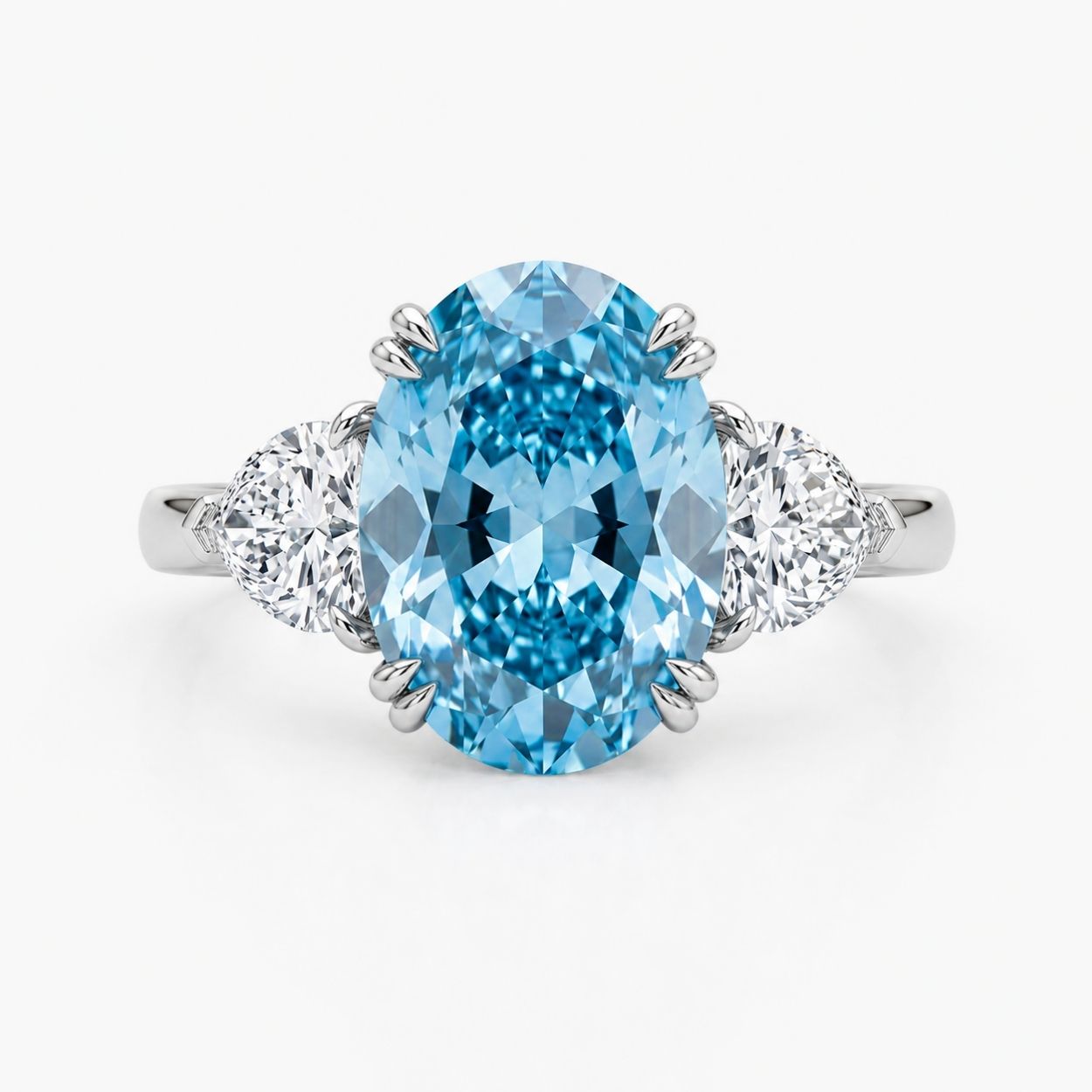 Trilogy Fancy Colored (Pink, Yellow, Green, Blue ) Lab Diamond Ring (Heart Side Diamonds) in White Gold 18K - Oval