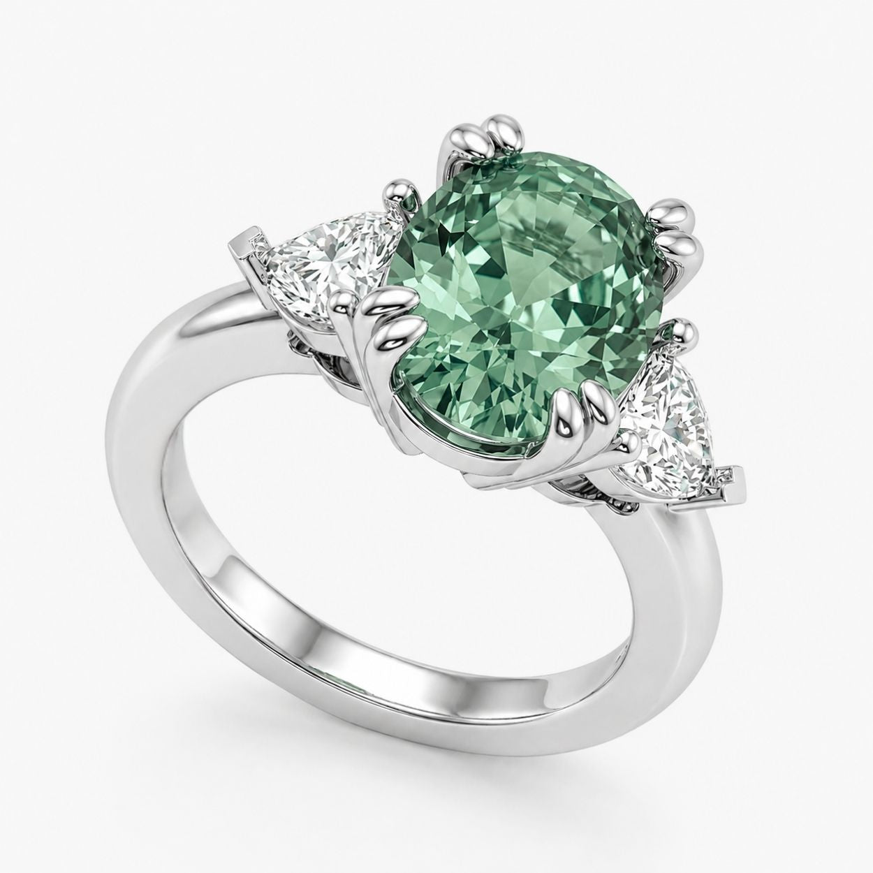 Trilogy Fancy Colored (Blue, Green, Pink, Yellow) Lab Diamond Ring (Heart Side Diamonds) in White Gold 18K - Oval