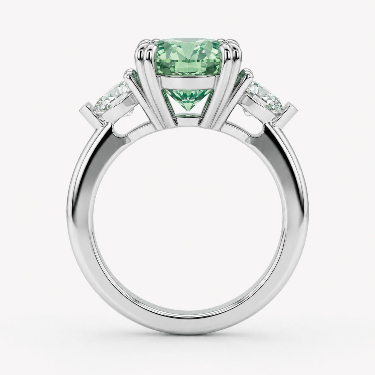 Trilogy Fancy Colored (Pink, Yellow, Green, Blue ) Lab Diamond Ring (Heart Side Diamonds) in White Gold 18K - Oval