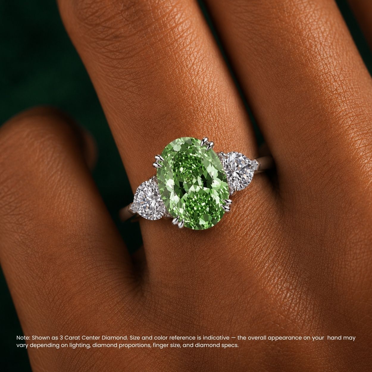 Trilogy Fancy Colored (Pink, Yellow, Green, Blue ) Lab Diamond Ring (Heart Side Diamonds) in White Gold 18K - Oval