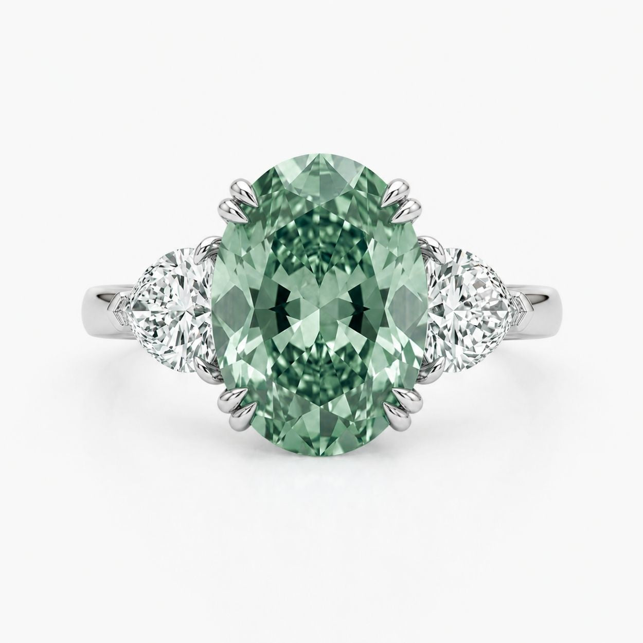 Trilogy Fancy Colored (Yellow, Pink, Green, Blue ) Lab Diamond Ring (Heart Side Diamonds) in White Gold 18K - Oval