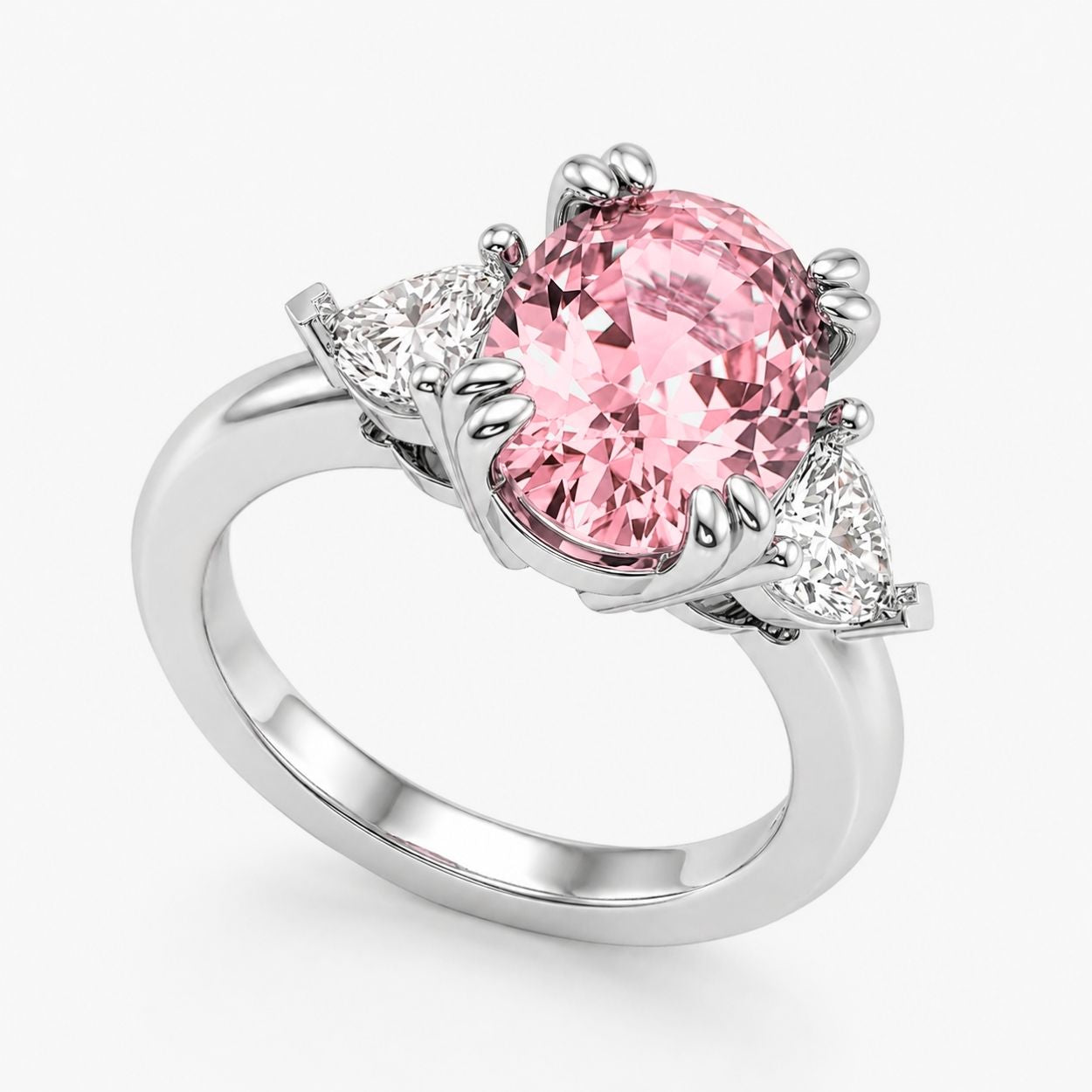 Trilogy Fancy Colored (Yellow, Pink, Green, Blue ) Lab Diamond Ring (Heart Side Diamonds) in White Gold 18K - Oval
