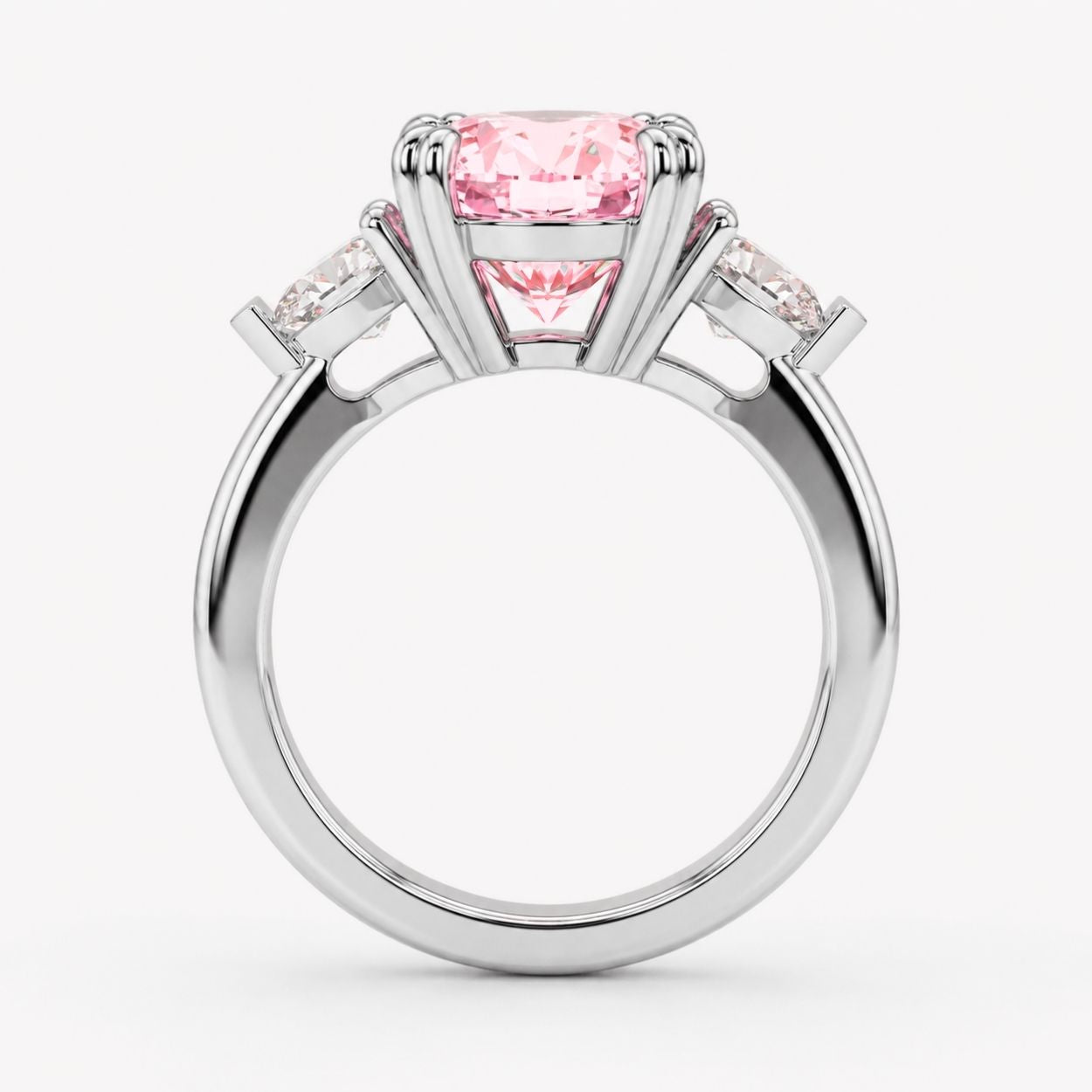 Trilogy Fancy Colored (Yellow, Pink, Green, Blue ) Lab Diamond Ring (Heart Side Diamonds) in White Gold 18K - Oval