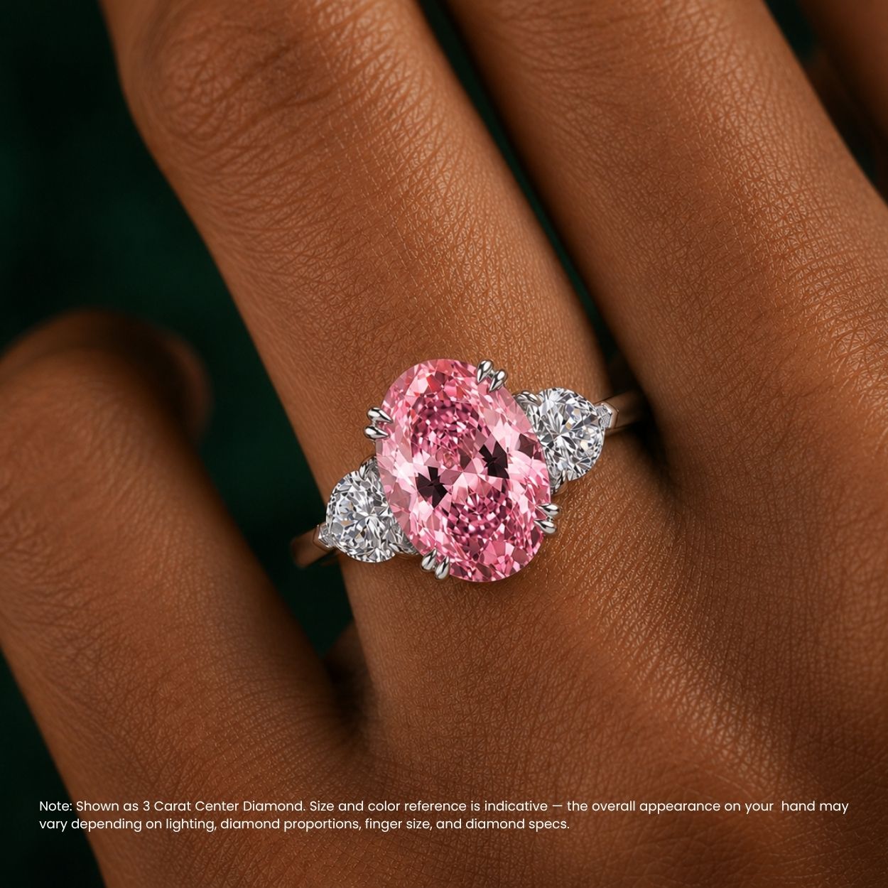 Trilogy Fancy Colored (Blue, Green, Pink, Yellow) Lab Diamond Ring (Heart Side Diamonds) in White Gold 18K - Oval