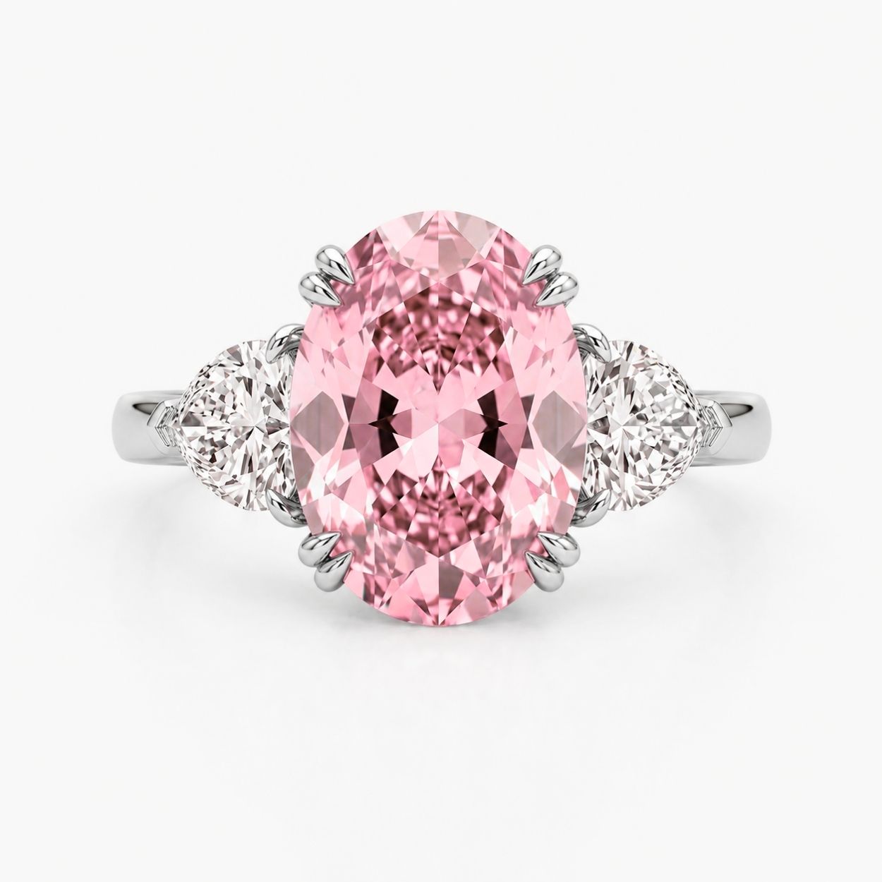 Trilogy Fancy Colored (Yellow, Pink, Green, Blue ) Lab Diamond Ring (Heart Side Diamonds) in White Gold 18K - Oval