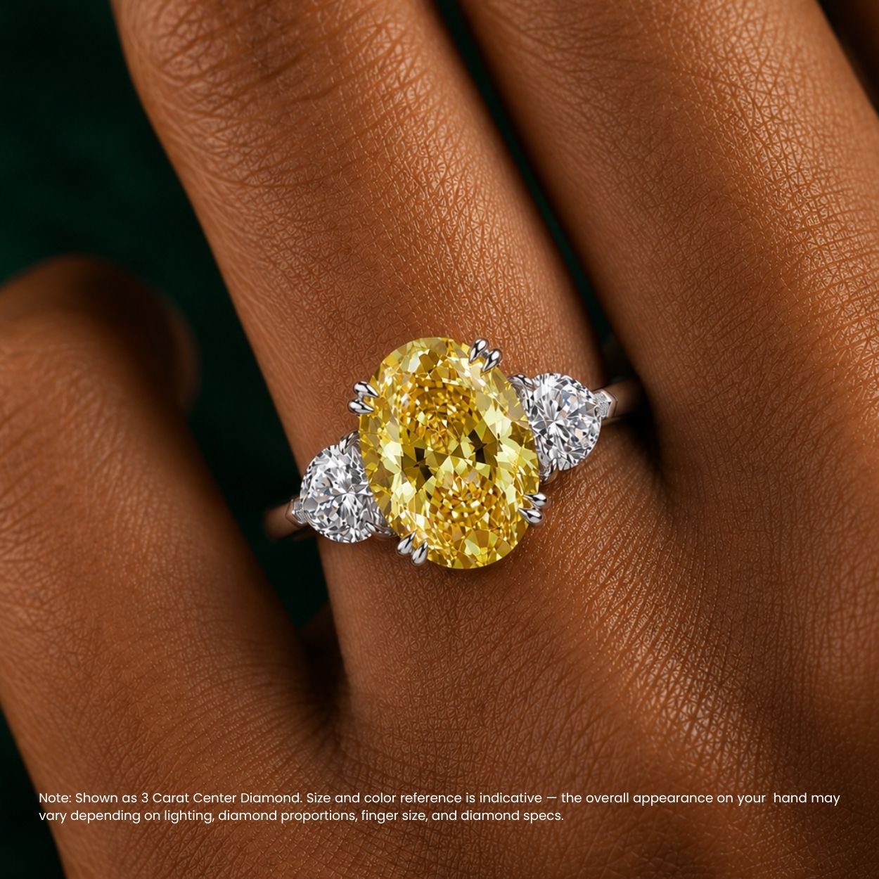 Trilogy Fancy Colored (Yellow, Pink, Green, Blue ) Lab Diamond Ring (Heart Side Diamonds) in White Gold 18K - Oval