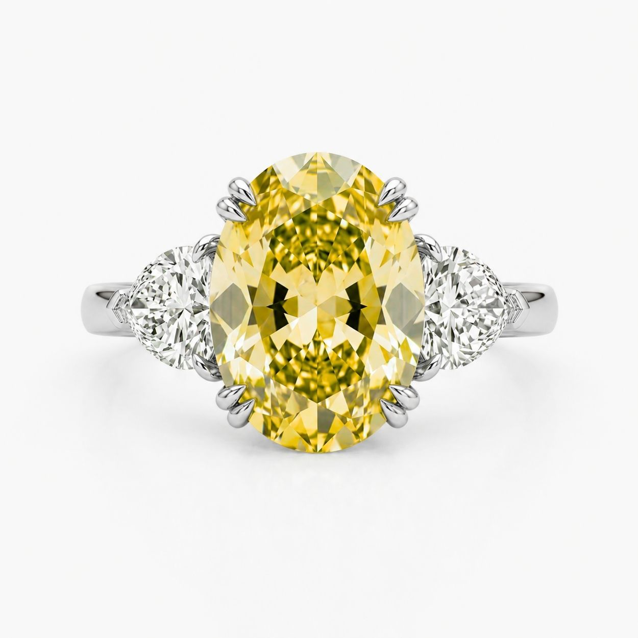 Trilogy Fancy Colored (Yellow, Pink, Green, Blue ) Lab Diamond Ring (Heart Side Diamonds) in White Gold 18K - Oval