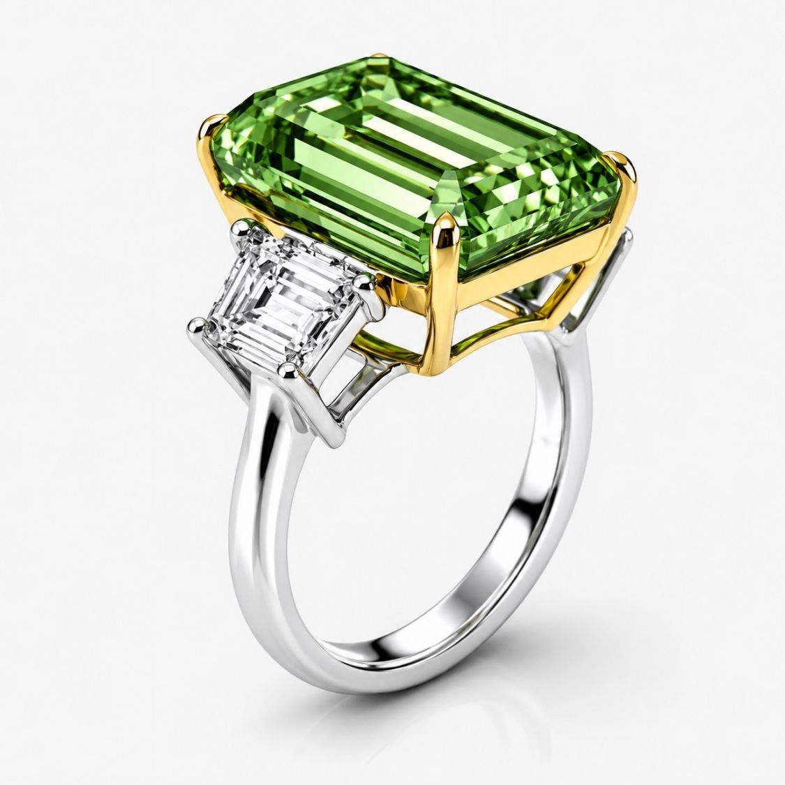 Trilogy Fancy Green Emerald (Trapezoid Side Diamonds) Lab Grown Diamond Engagement Ring in White Gold 18K