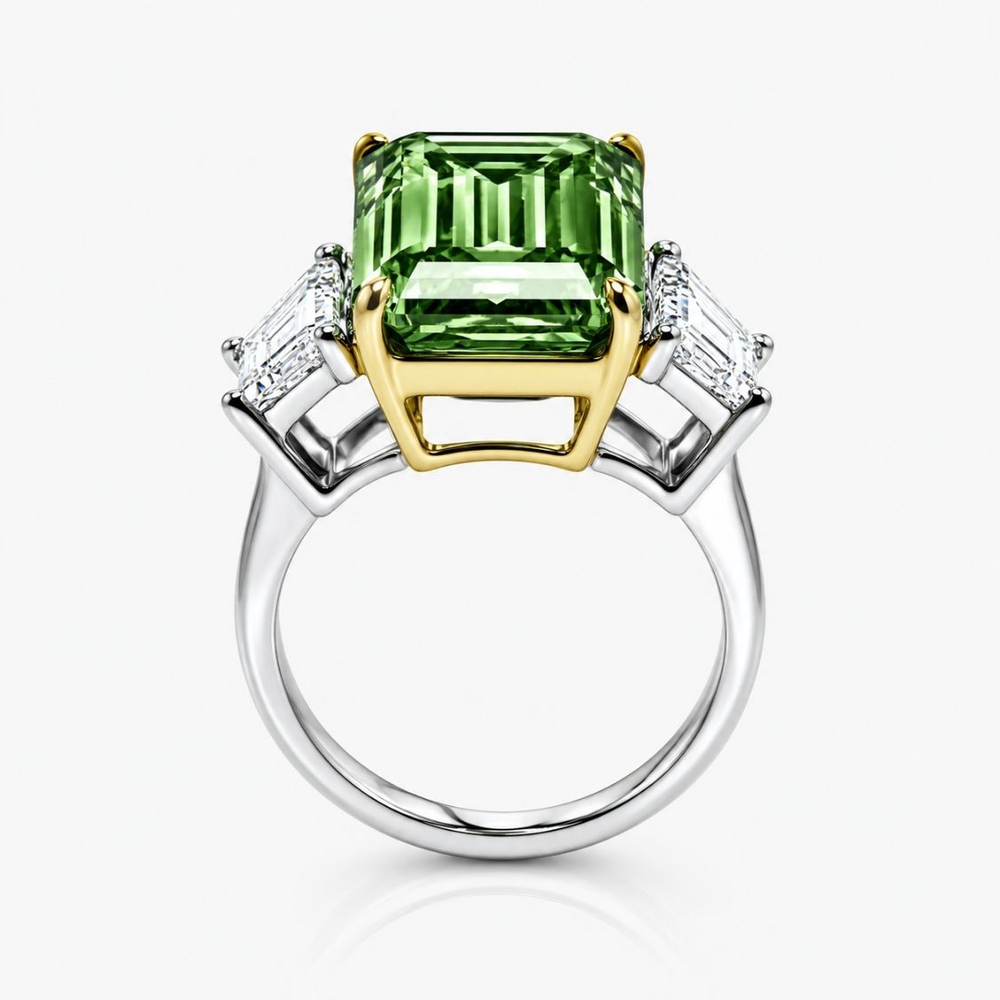 Trilogy Fancy Green Emerald (Trapezoid Side Diamonds) Lab Grown Diamond Engagement Ring in White Gold 18K