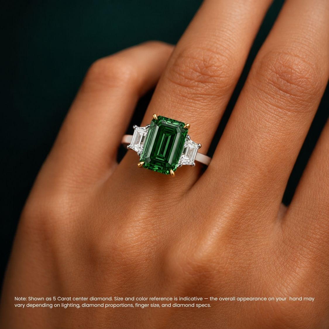 Trilogy Fancy Green Emerald (Trapezoid Side Diamonds) Lab Grown Diamond Engagement Ring in White Gold 18K