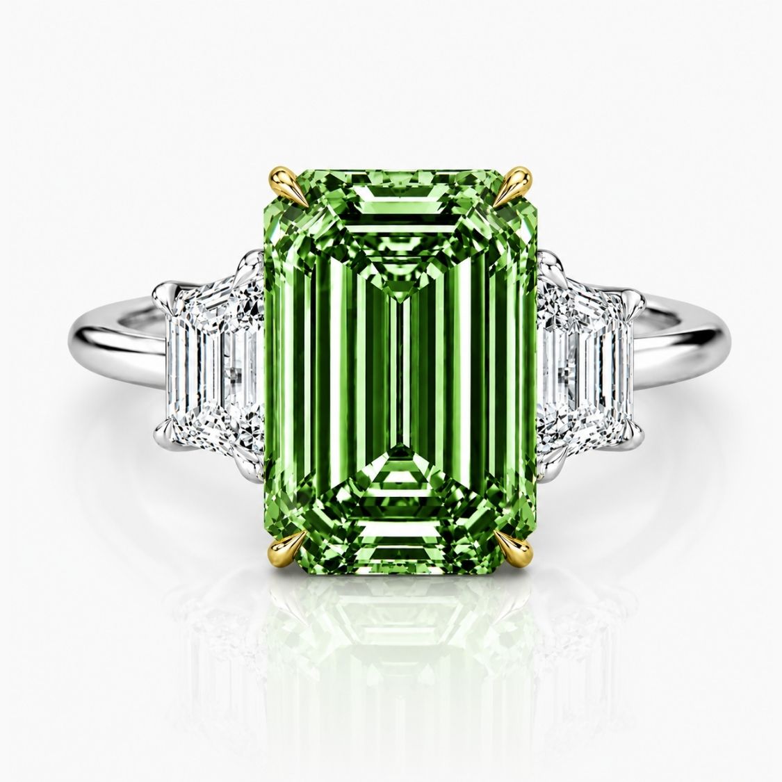Trilogy Fancy Green Emerald (Trapezoid Side Diamonds) Lab Grown Diamond Engagement Ring in White Gold 18K