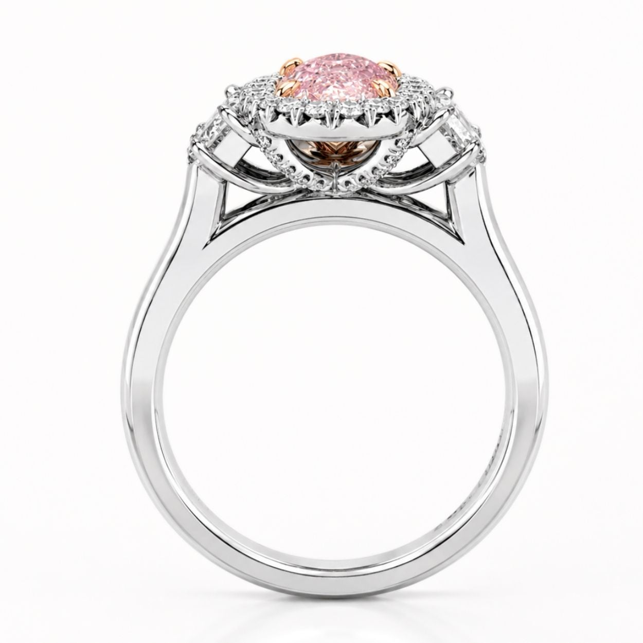 Rhea Trilogy (Epaulette-cut Side Diamonds) Halo Fancy Pink Oval (Moval) Lab Diamond Ring in White Gold 18K