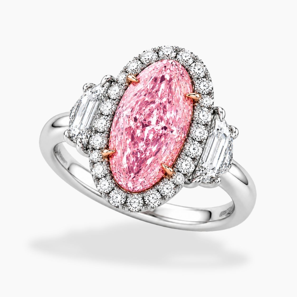 Rhea Trilogy (Epaulette-cut Side Diamonds) Halo Fancy Pink Oval (Moval) Lab Diamond Ring in White Gold 18K