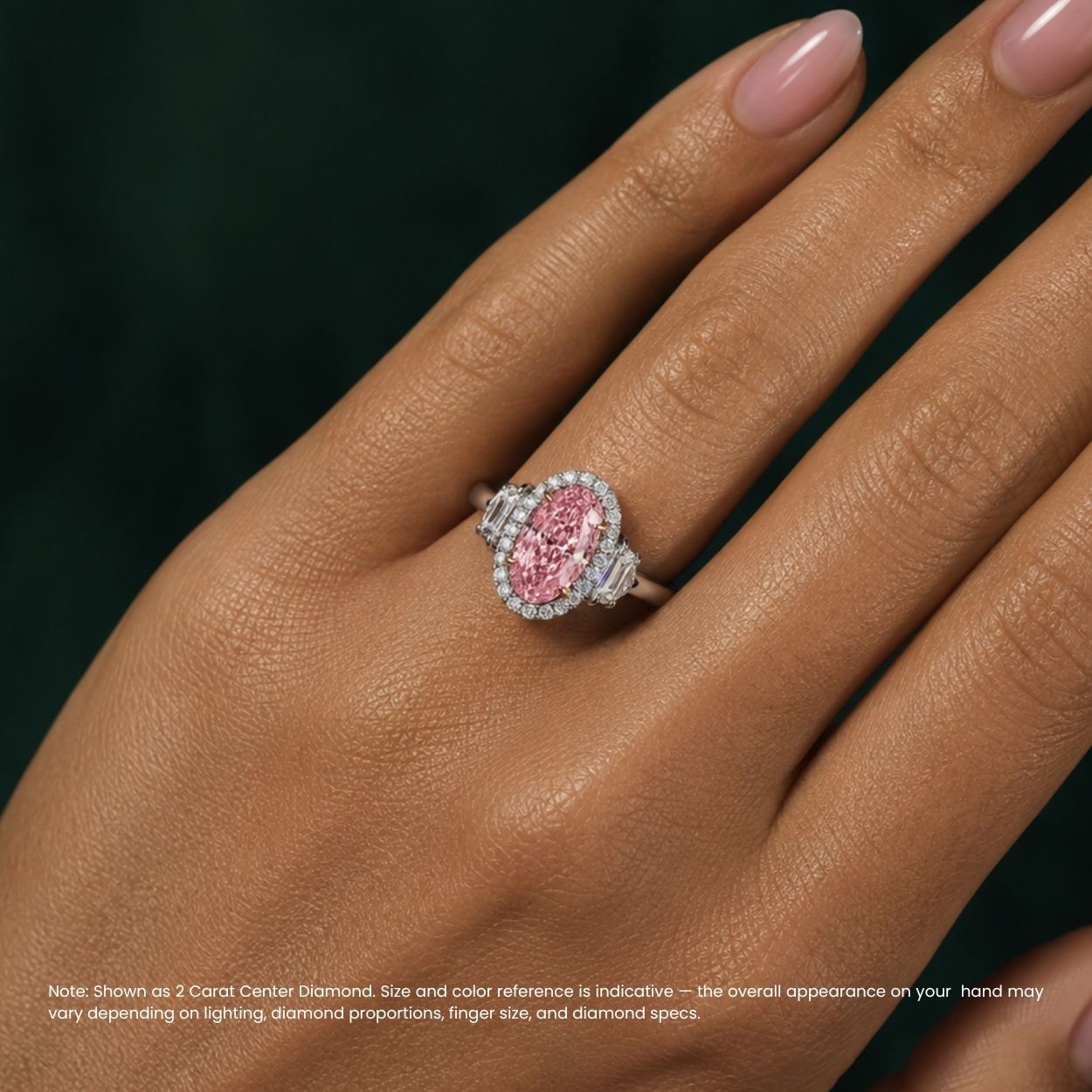 Rhea Trilogy (Epaulette-cut Side Diamonds) Halo Fancy Pink Oval (Moval) Lab Diamond Ring in White Gold 18K